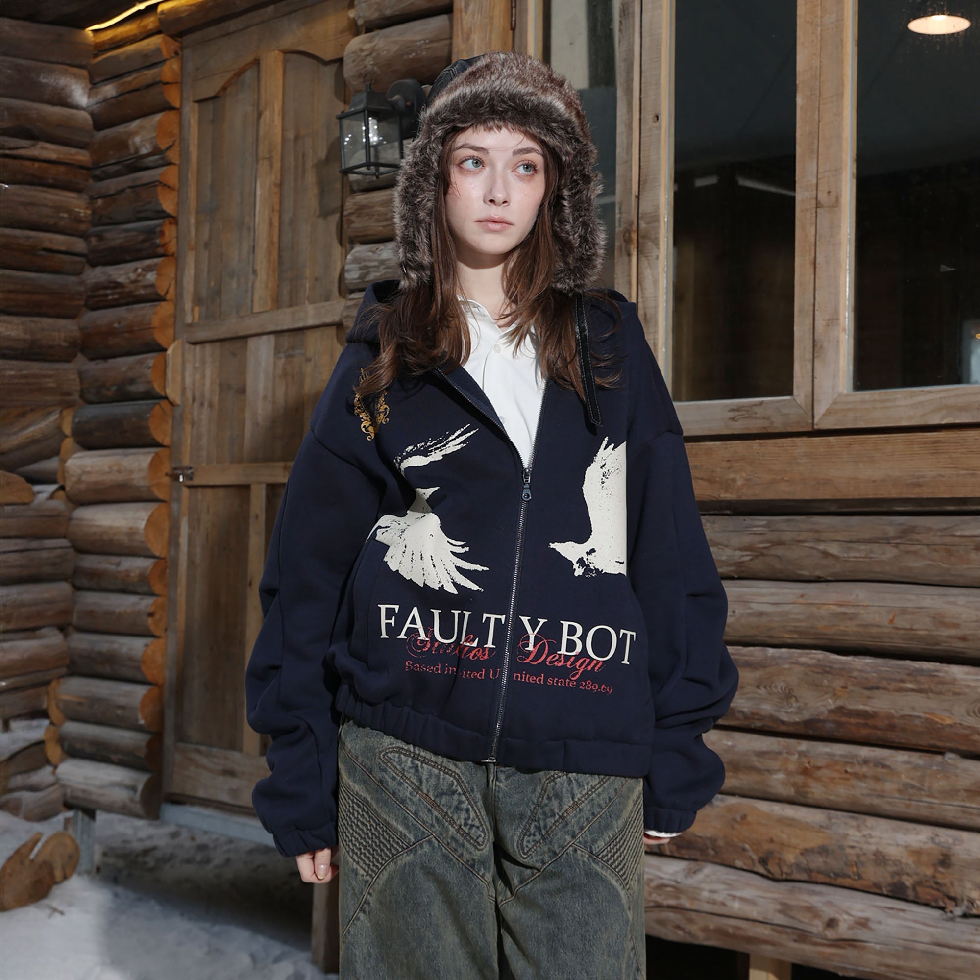 ERROR CODE ROBOT Bird Graphic Fleece-Lined Hooded Jacket