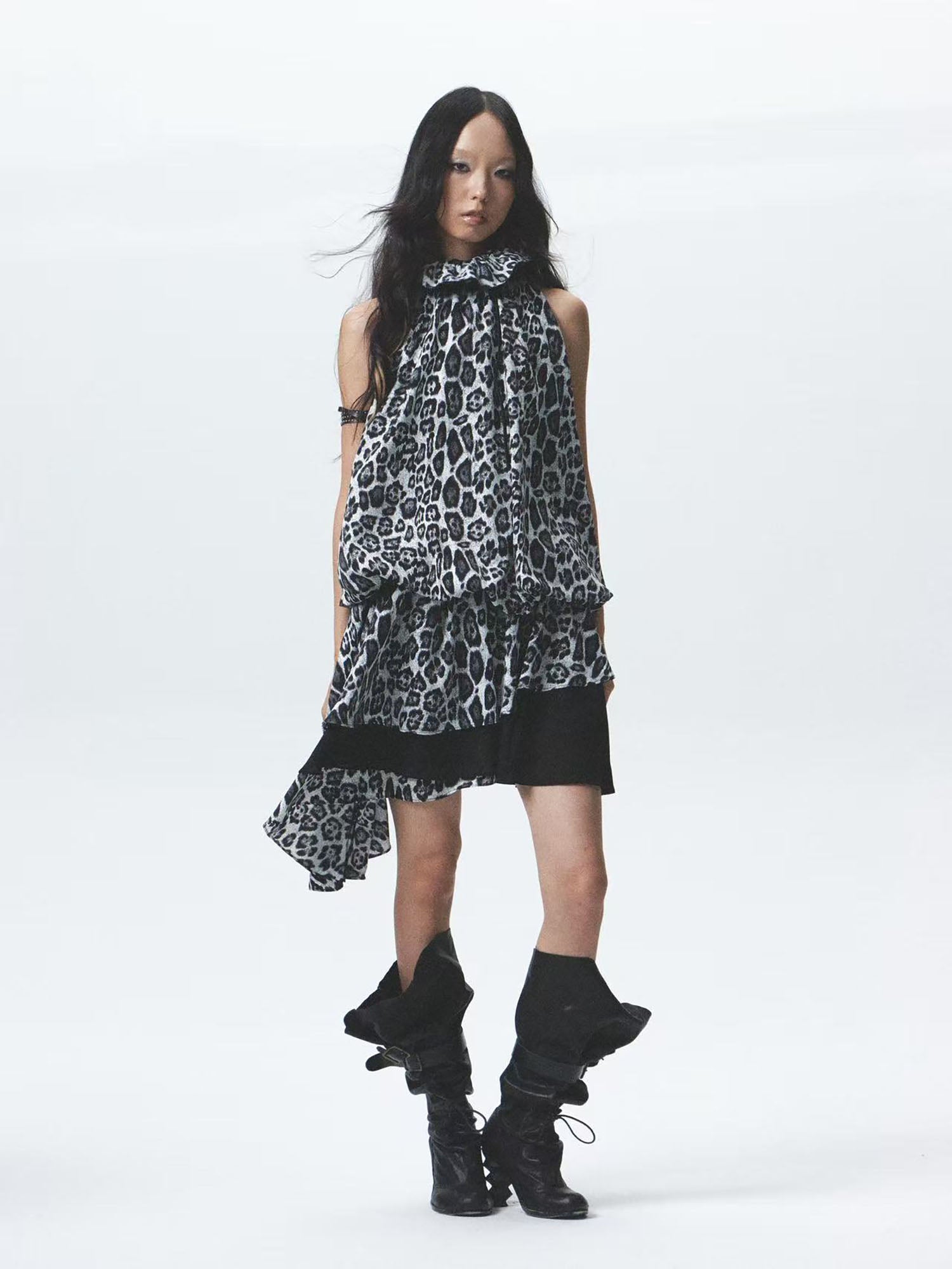 NONAME SPACE Asymmetrical Layered Leopard Ruffle Dress