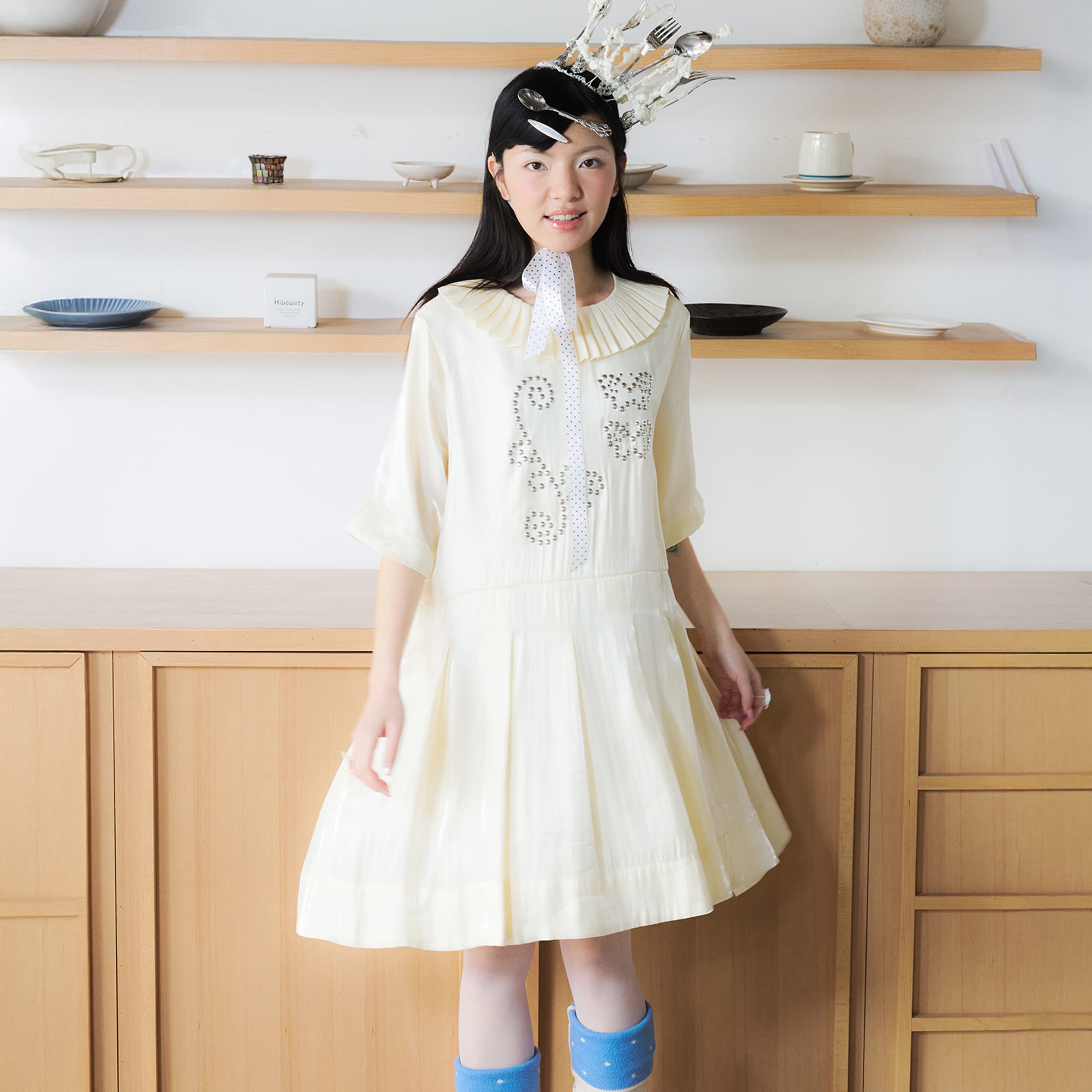 UNSOCIAL NIGHT Studded Graphic Pleated-Collar Shift Dress