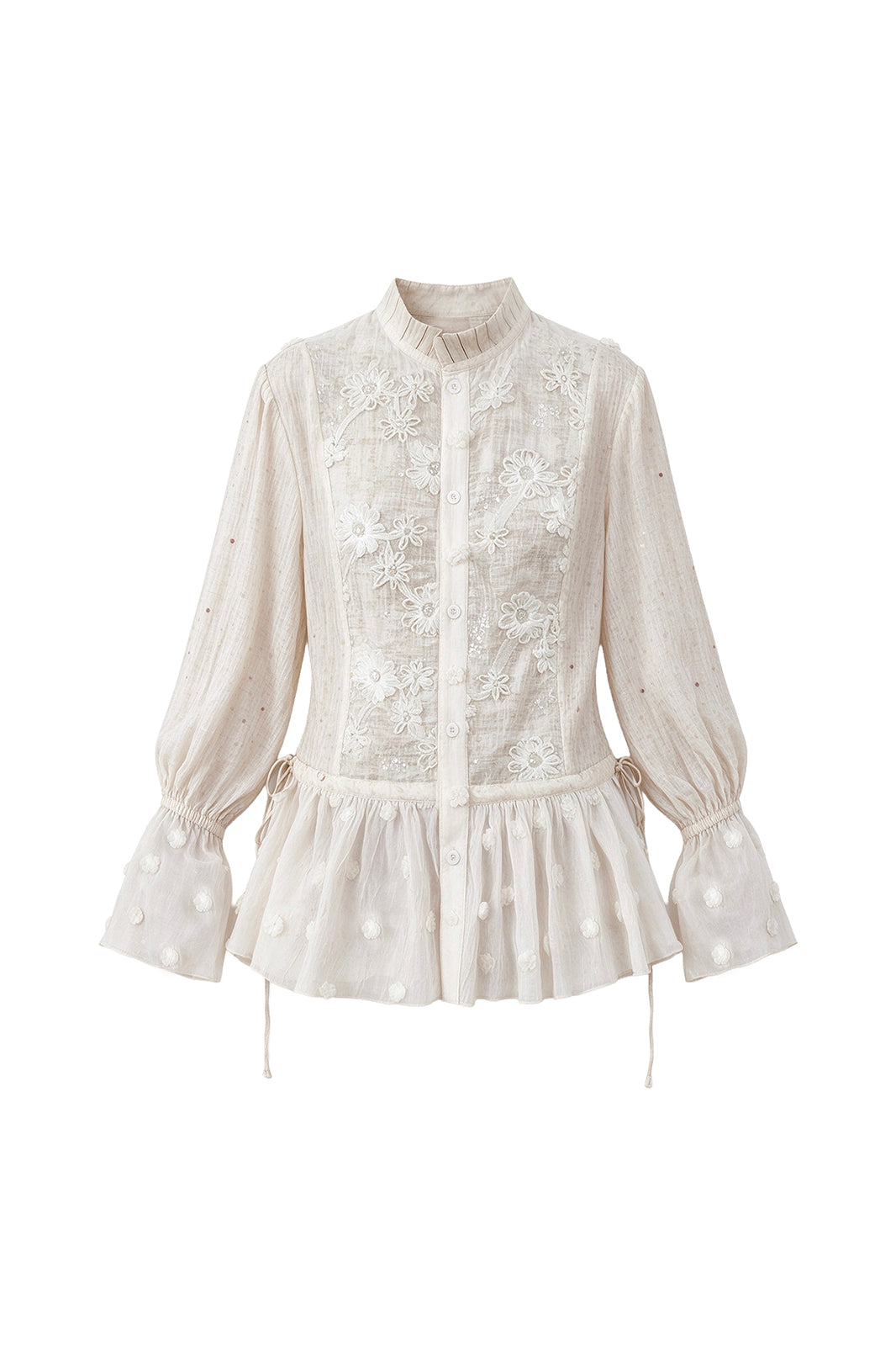 SENSELF Lace-Spliced Polka Dot Sequin Flared Shirt
