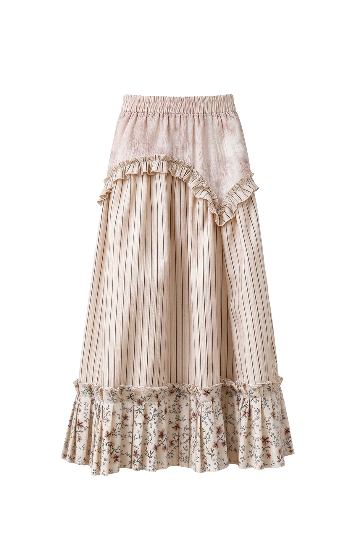 SENSELF Floral Striped Spliced Maxi Skirt