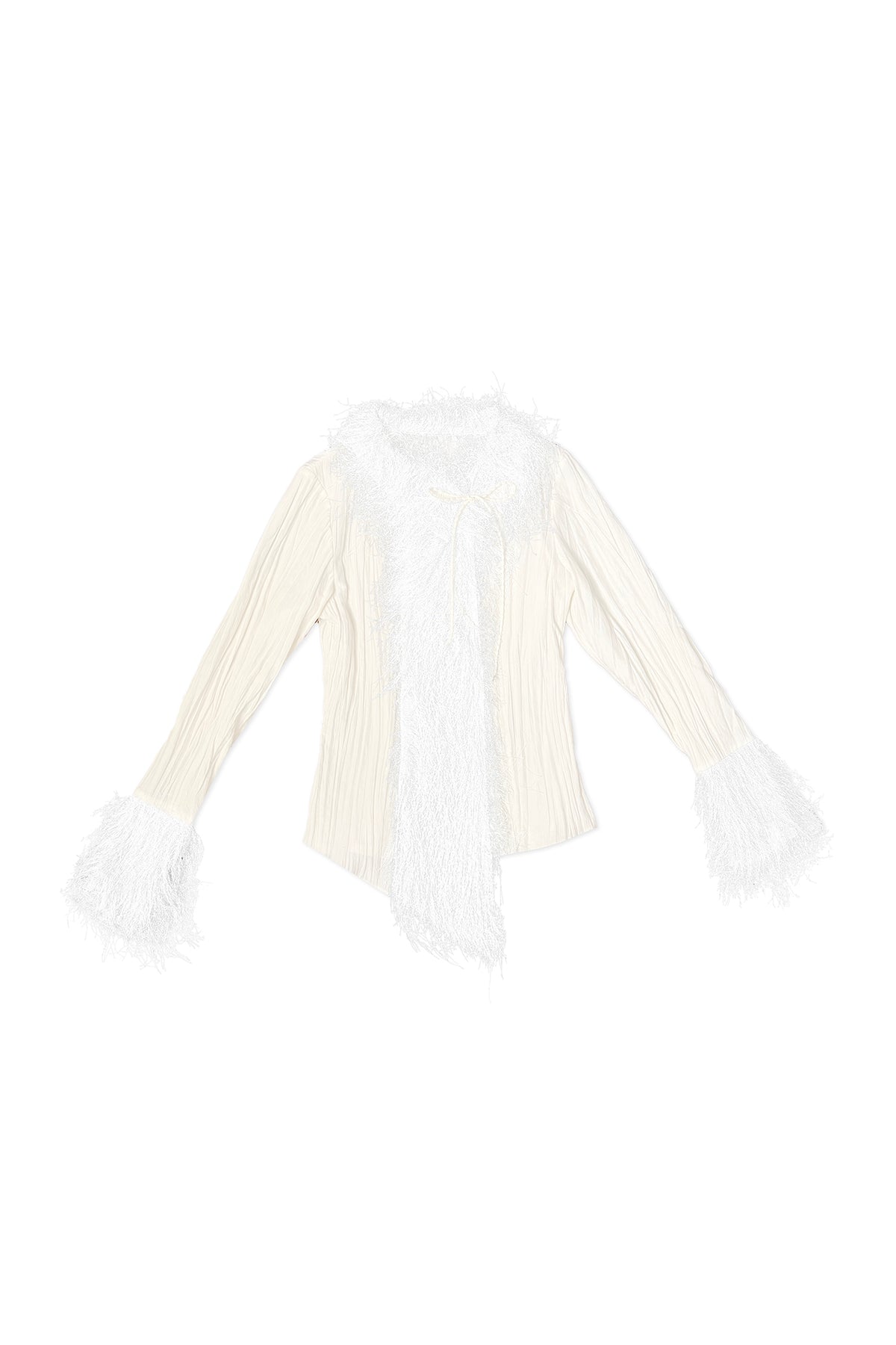 SENSELF Crinkled Faux Fur Trim Tie-Back Blouse Beige