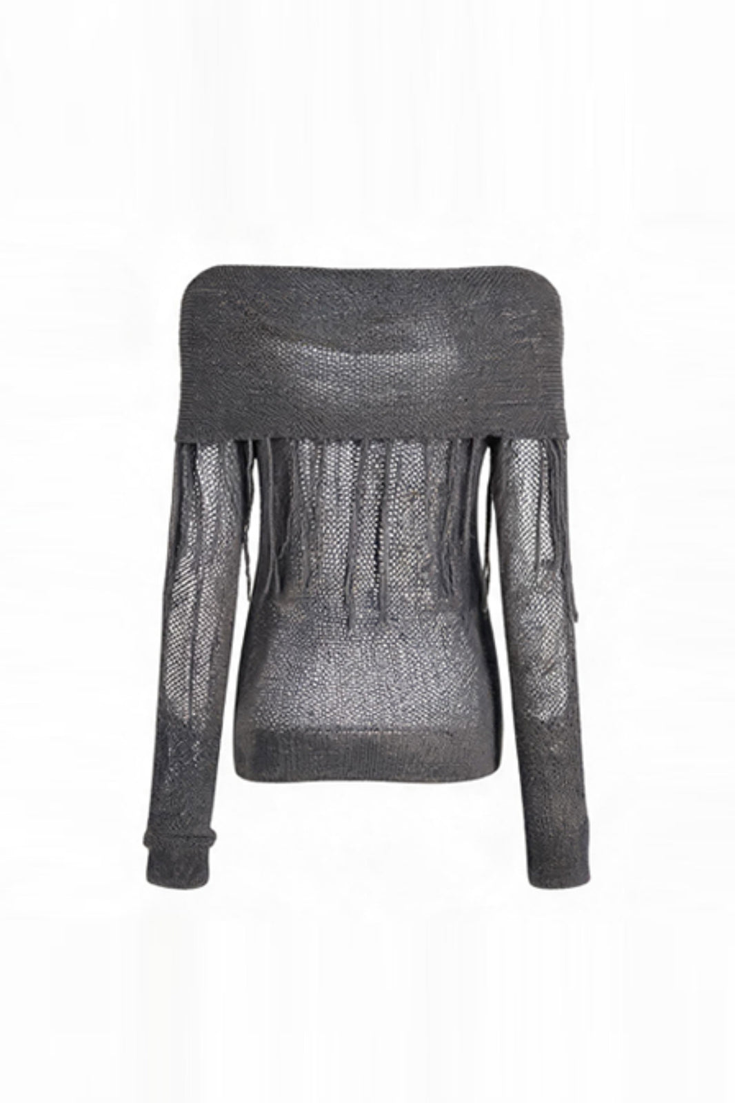 FAYCHUI Open-Knit Fringe Off-Shoulder Top