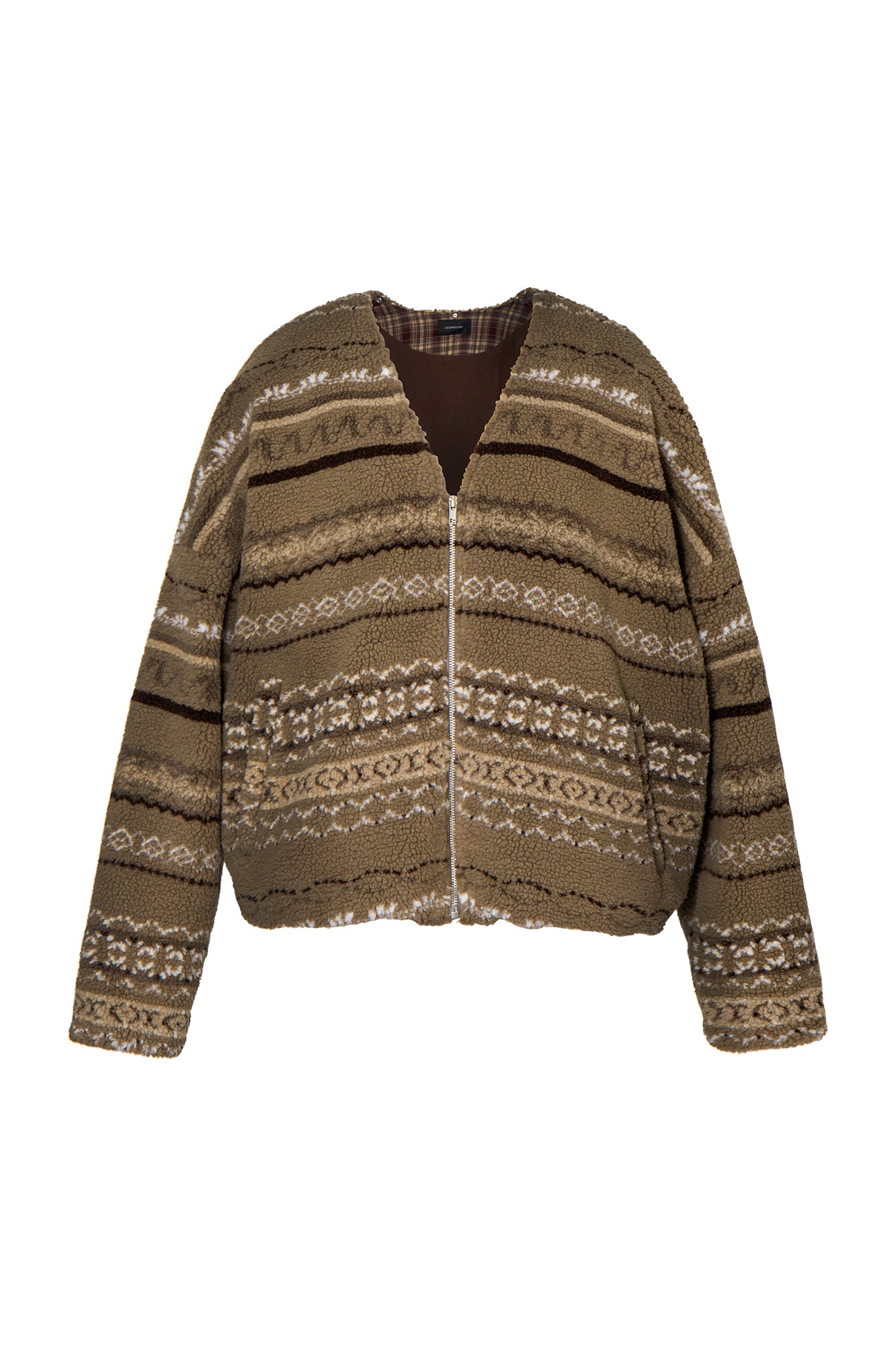 LEONSENSE Detachable Faux Fur Collar Fair Isle Jacket