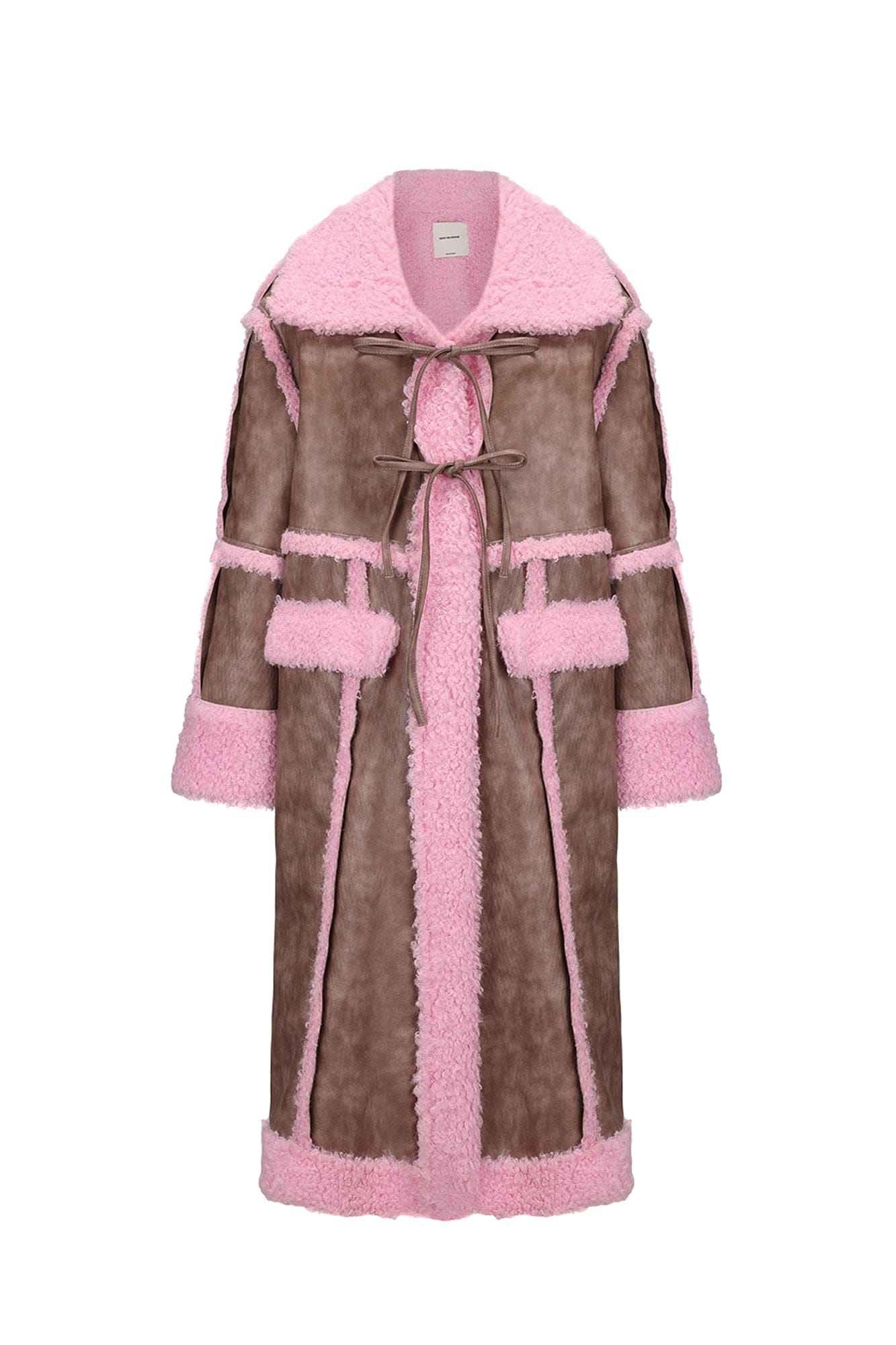 VANN VALRENCE Shearling-Trim Panel PU Long Coat