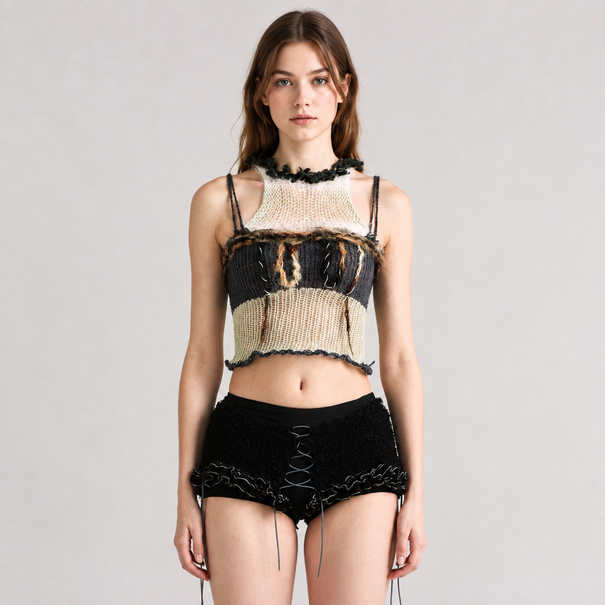JUEJUEWORKS Deconstructed Open-Knit Paneled Cami Top
