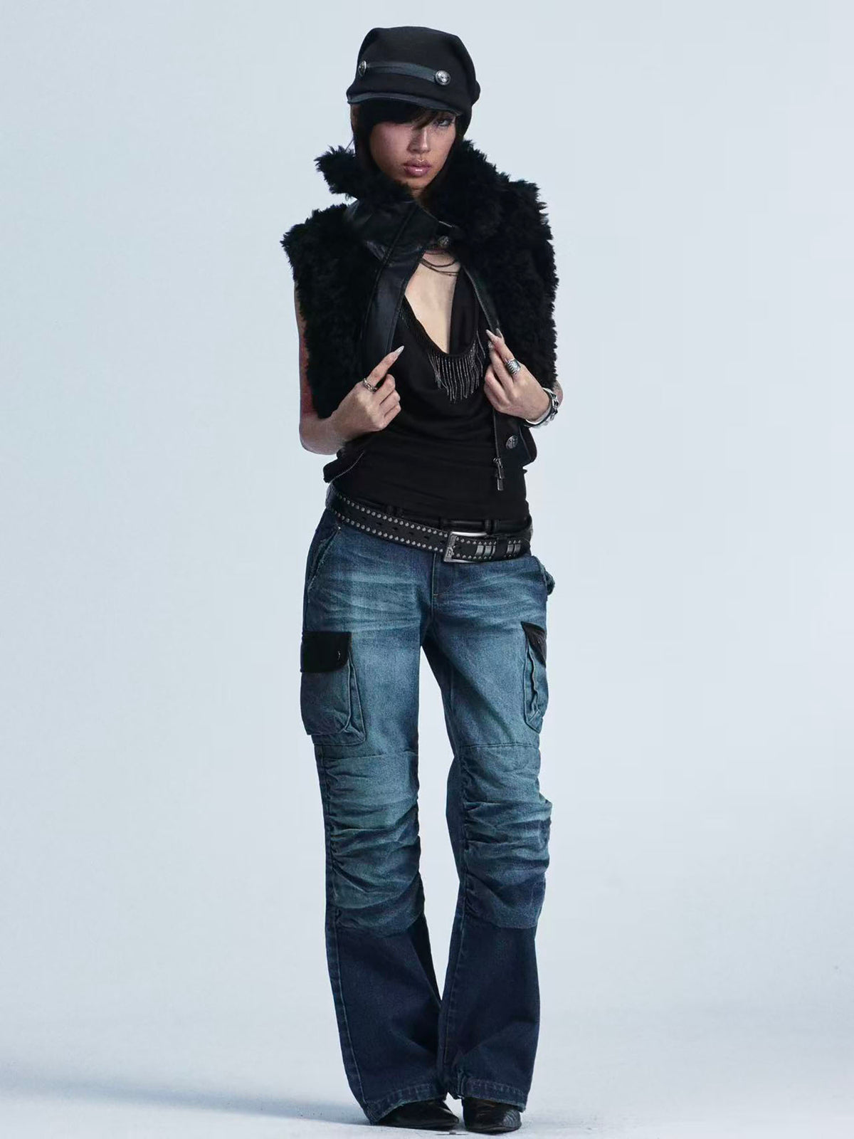 NONAME SPACE PU Panel Ribbed Slouch Cap