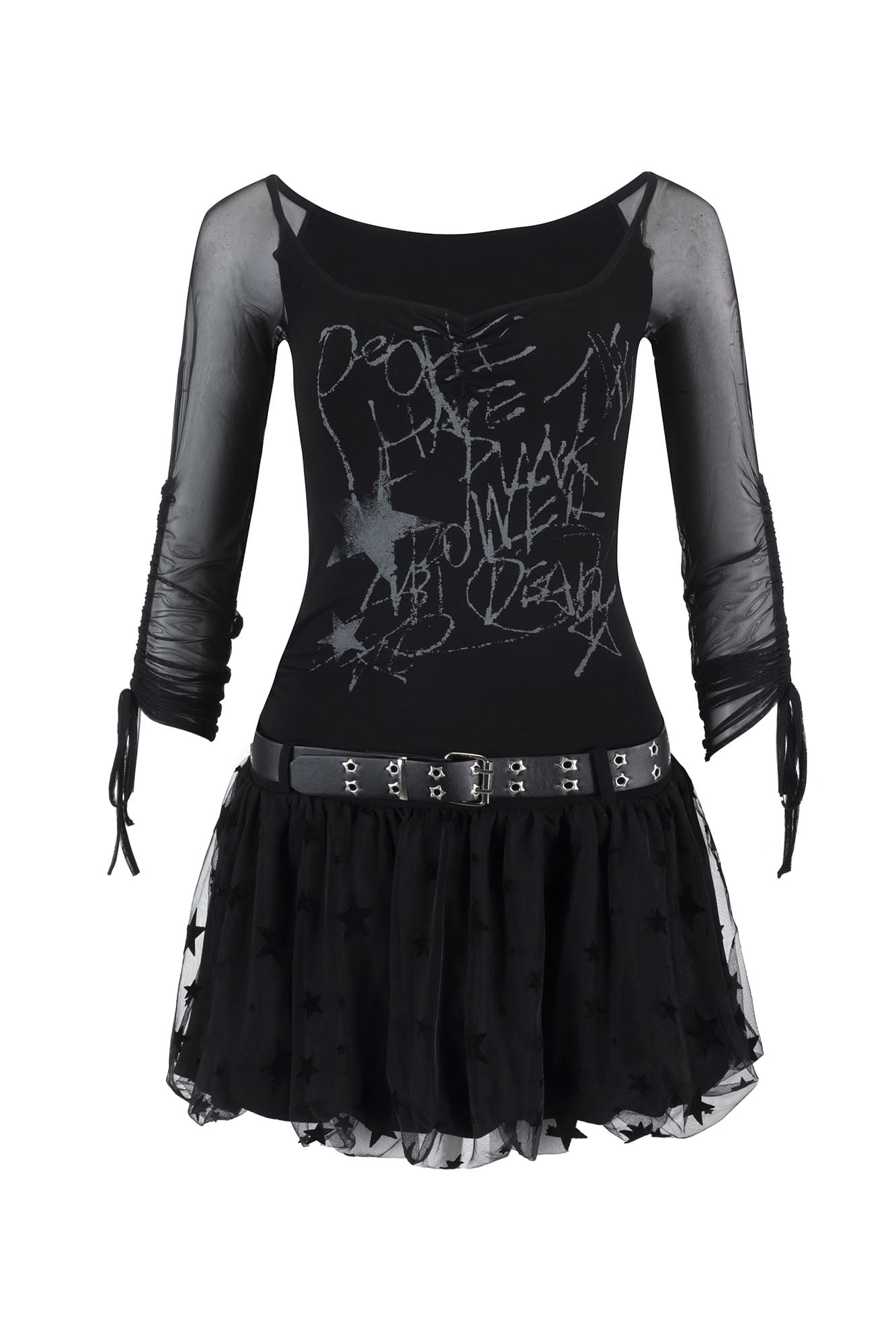 CESTNOUS Sheer-Sleeve Graffiti Mini Dress