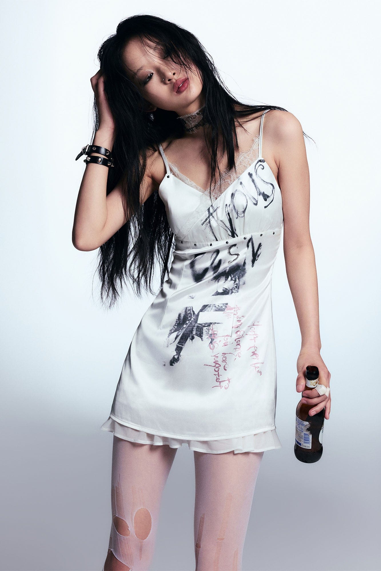 CESTNOUS Graffiti Mesh-Trim Slip Dress