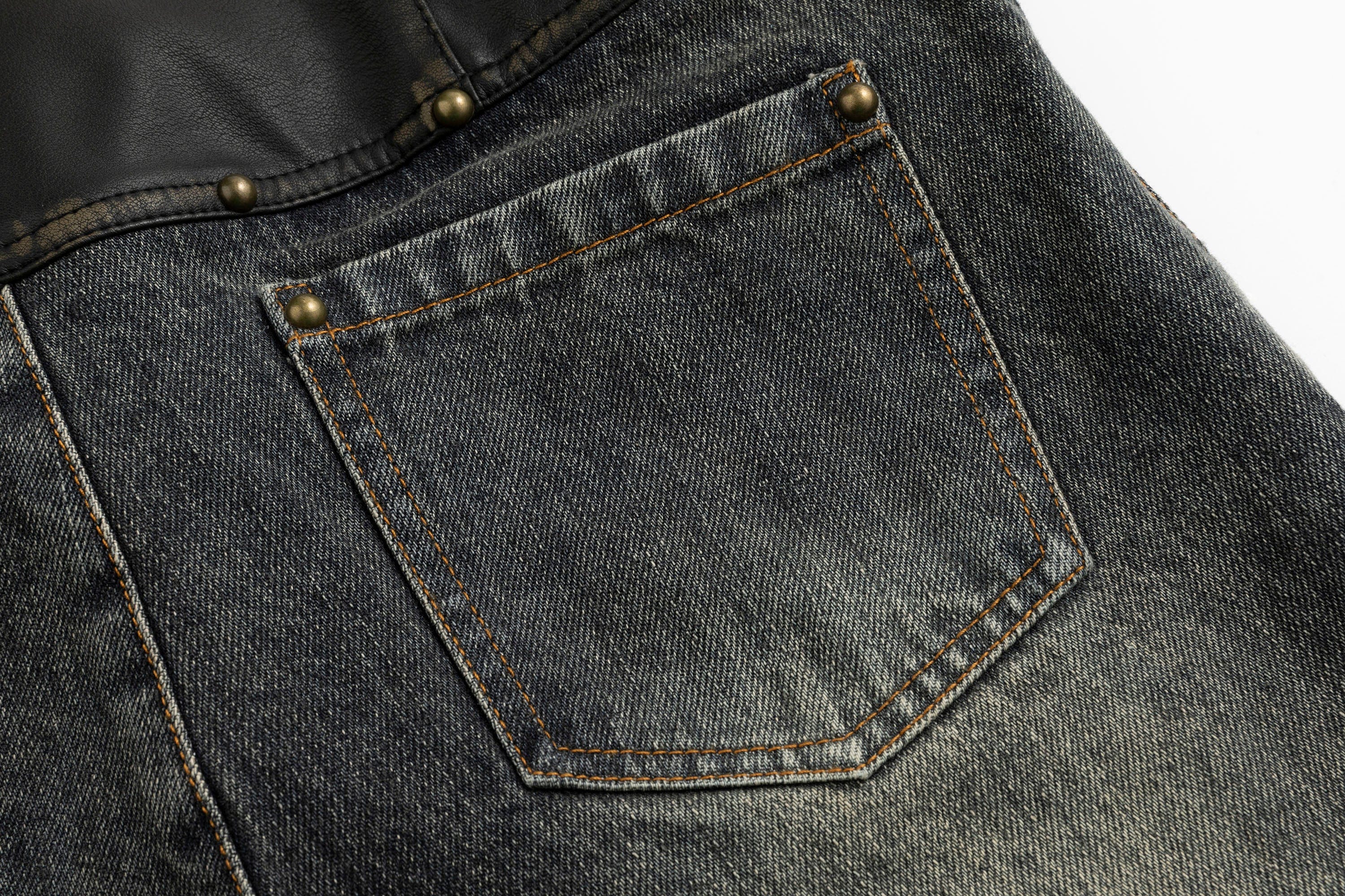 CESTNOUS Faux Leather Corset Waist Washed Jeans