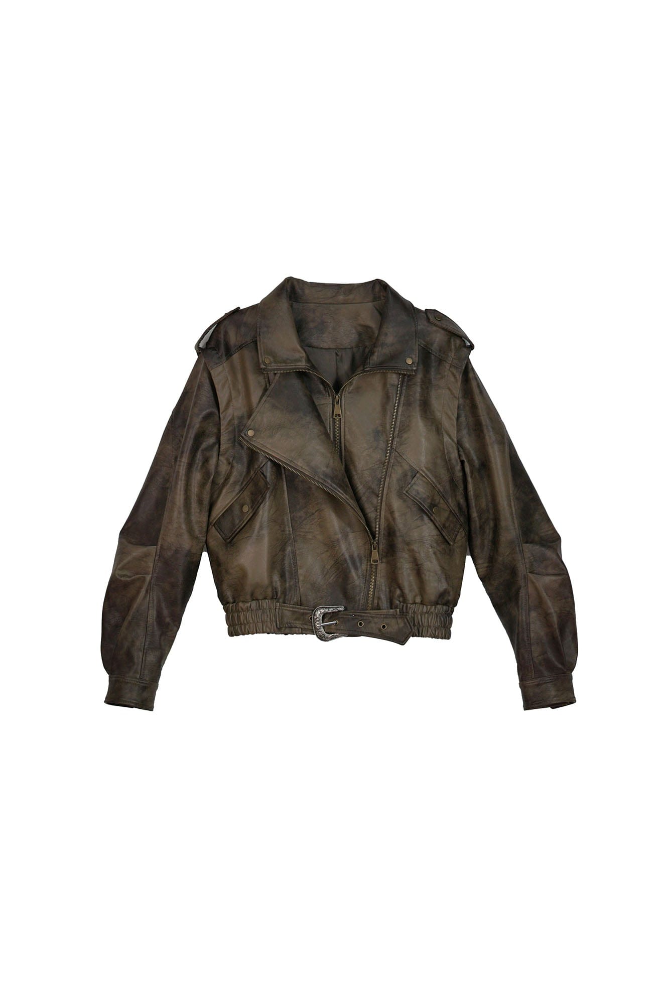 CESTNOUS Distressed Dual-Zip Faux Leather Biker Jacket