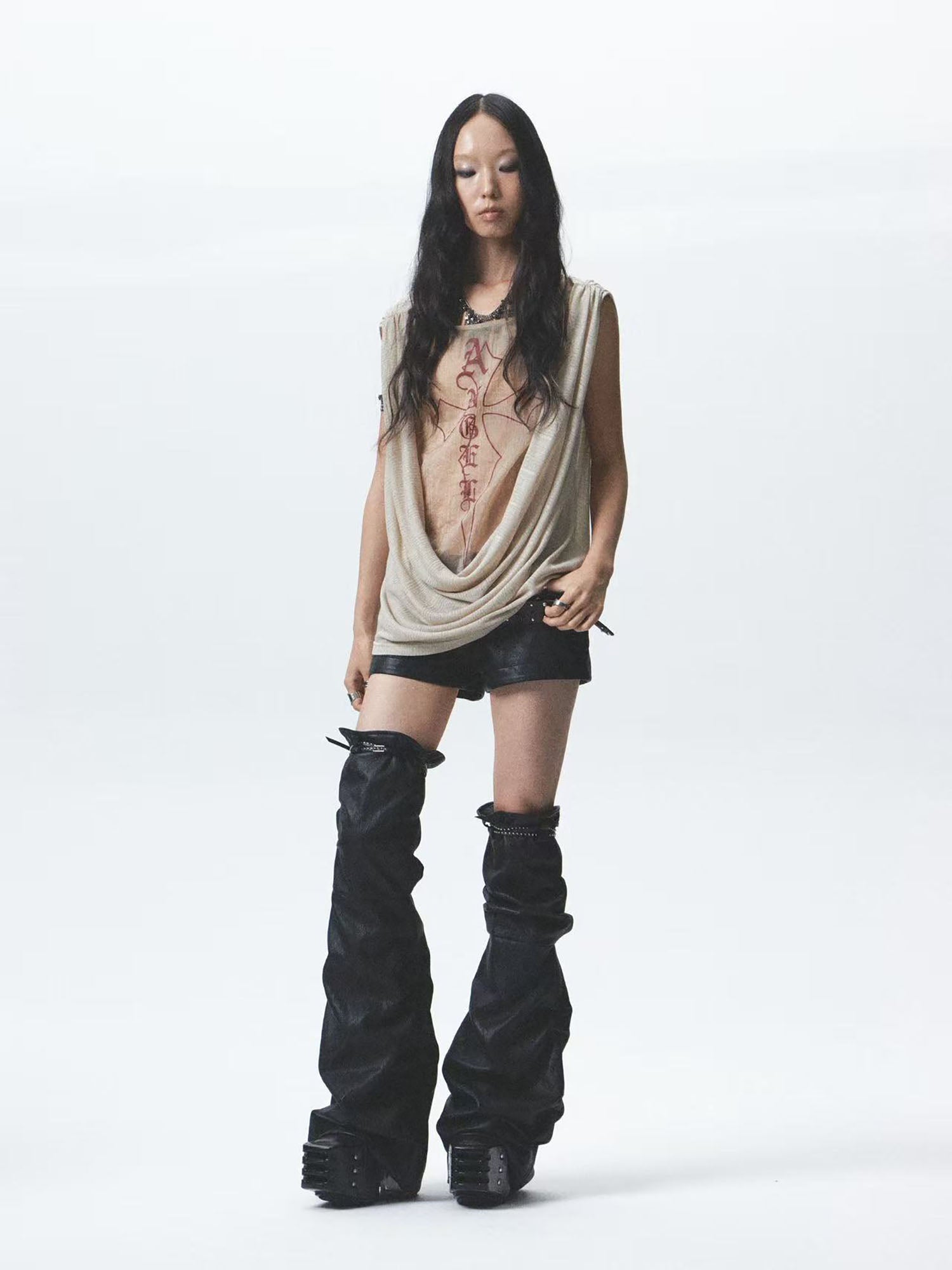 NONAME SPACE Draped Mesh Cross Graphic Top