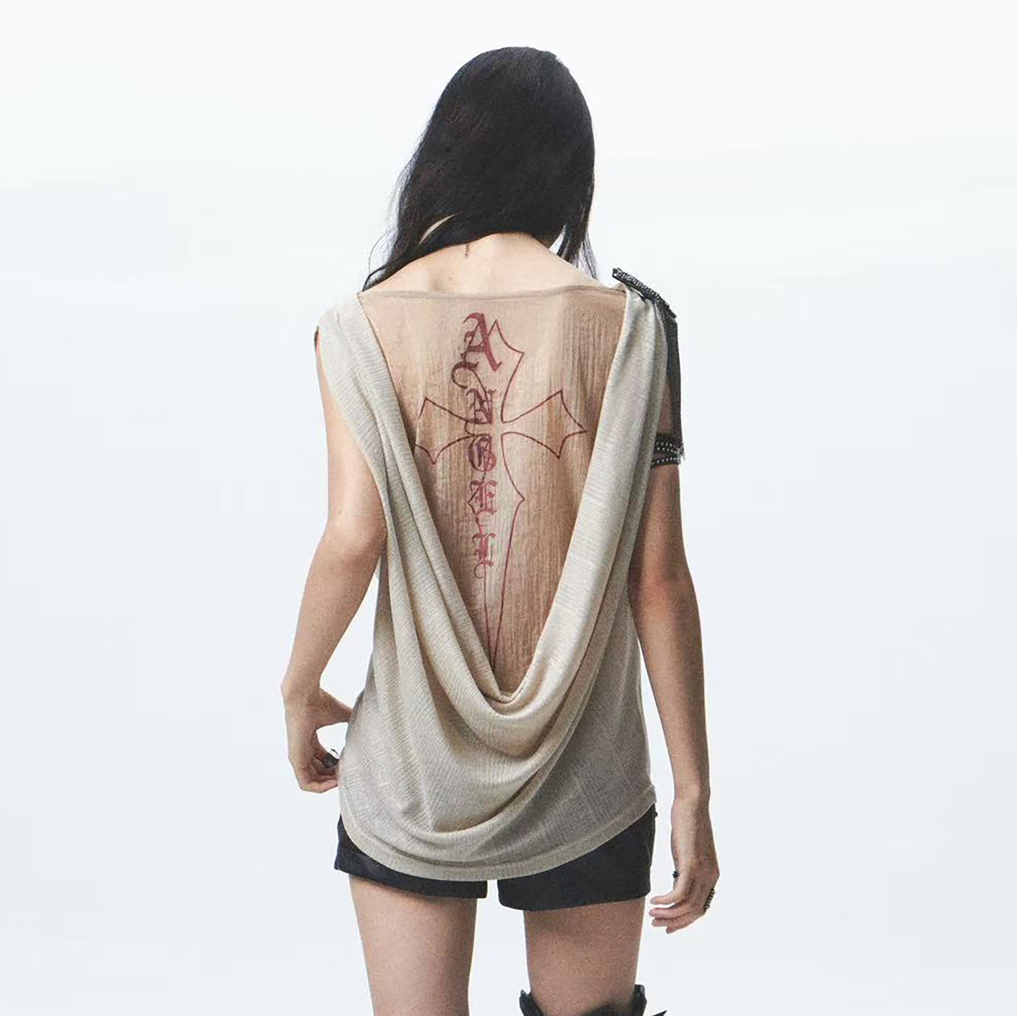 NONAME SPACE Draped Mesh Cross Graphic Top