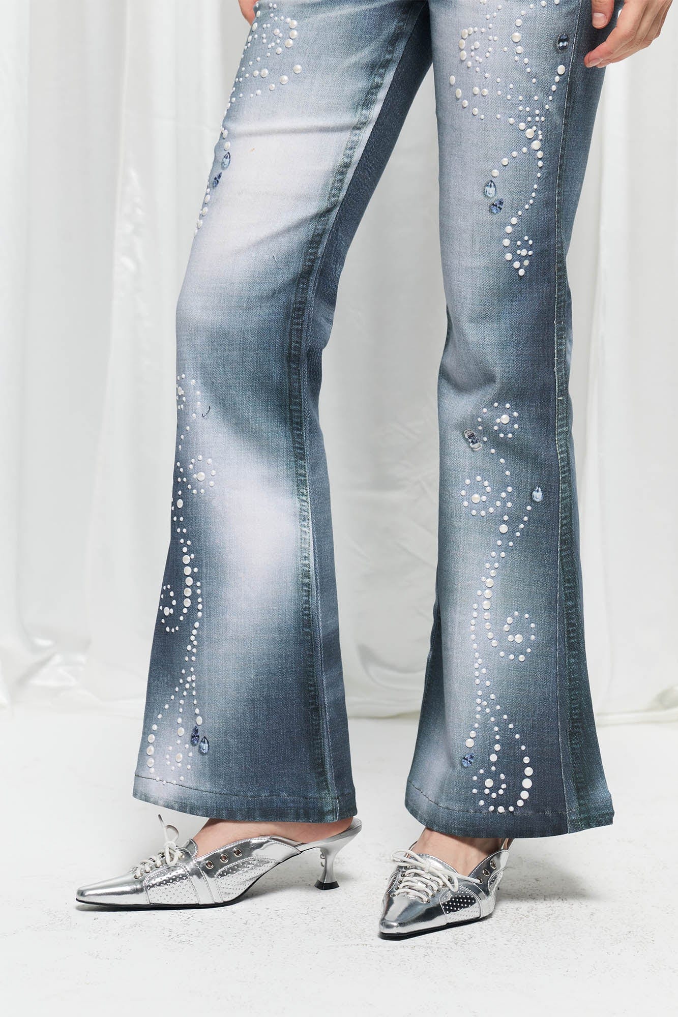 DND4DES×Faychui Swirl Pearl Faded Flared Jeans, premium urban and streetwear designers apparel on PROJECTISR.com, DND4DES