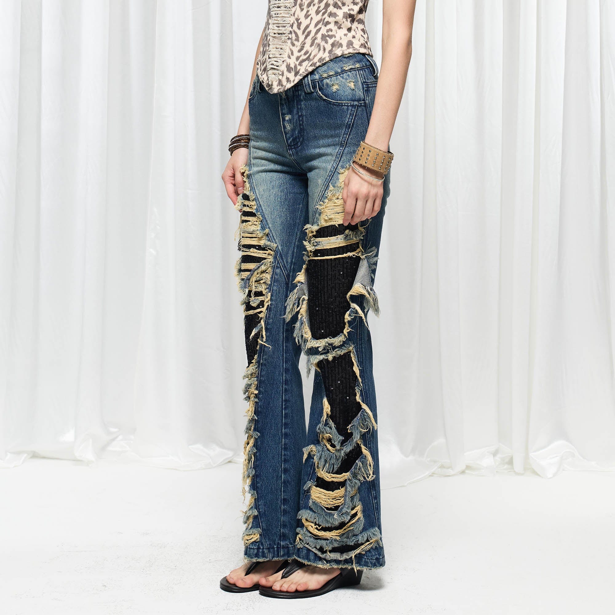 DND4DES×Faychui Grunge Heavy-Distressed Layered Flared Jeans, premium urban and streetwear designers apparel on PROJECTISR.com, DND4DES