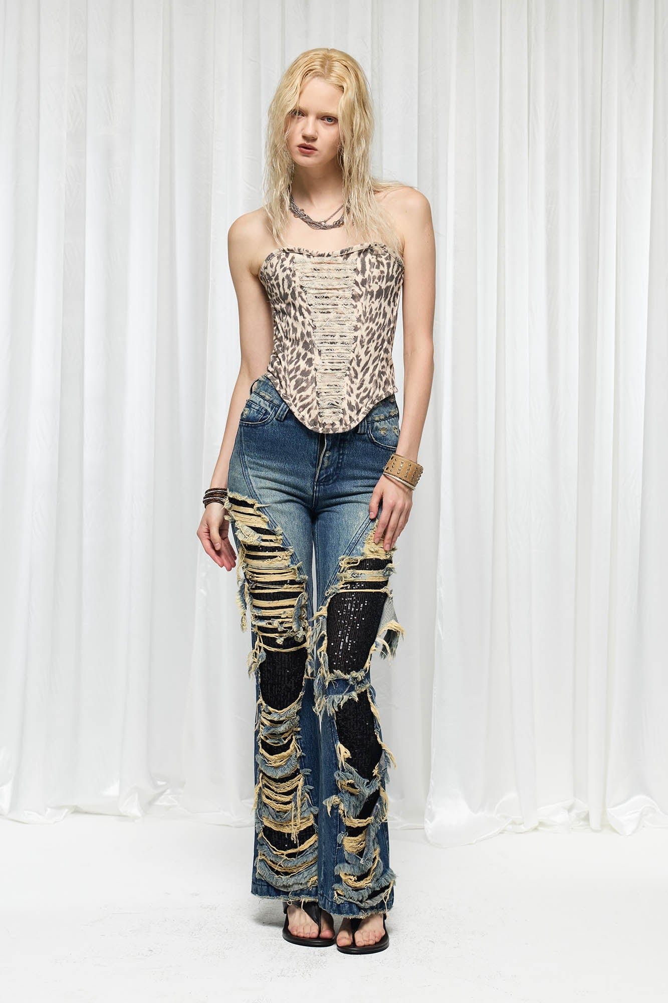 DND4DES×Faychui Grunge Heavy-Distressed Layered Flared Jeans, premium urban and streetwear designers apparel on PROJECTISR.com, DND4DES