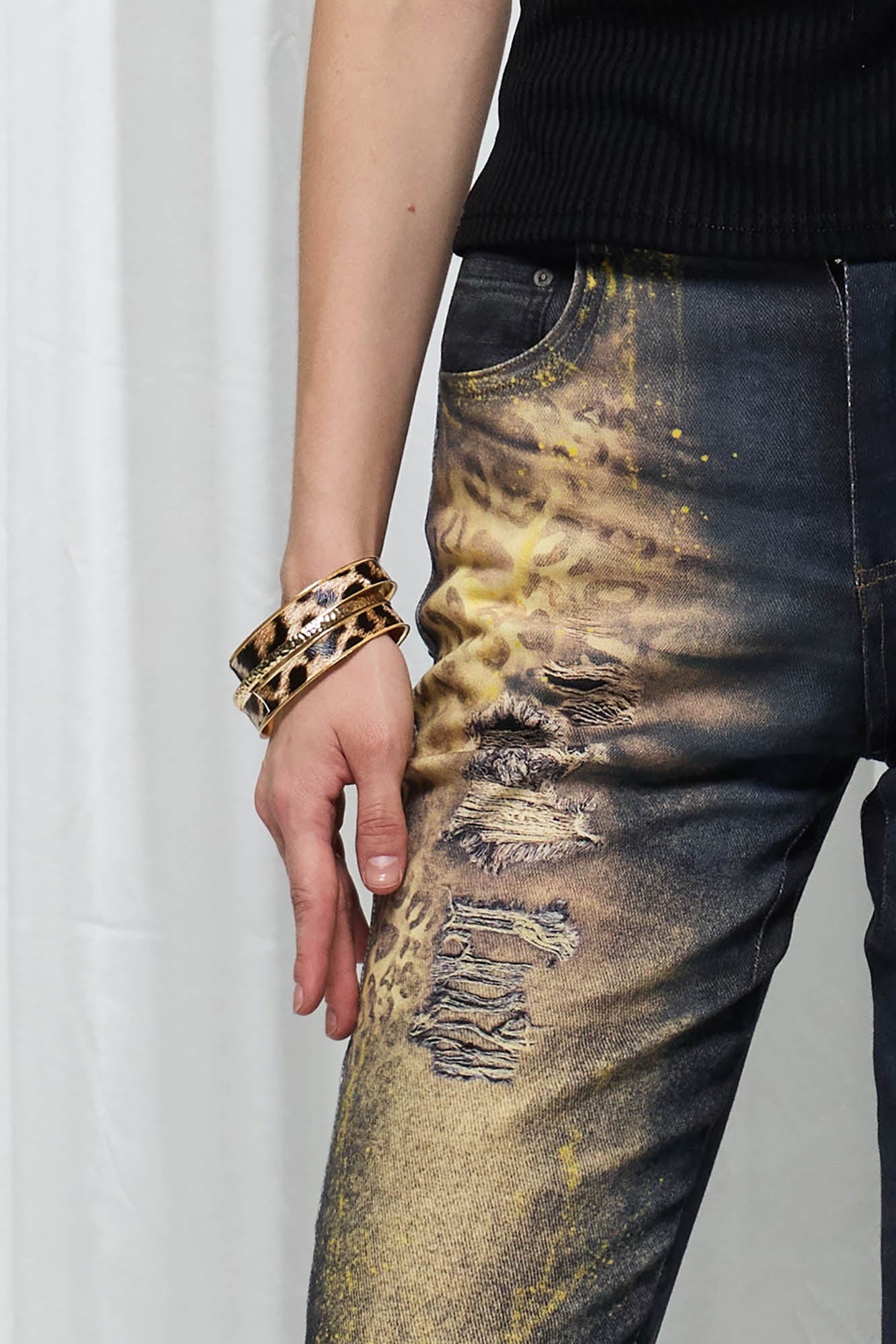 DND4DES×Faychui Distressed Leopard Splattered Flared Jeans, premium urban and streetwear designers apparel on PROJECTISR.com, DND4DES