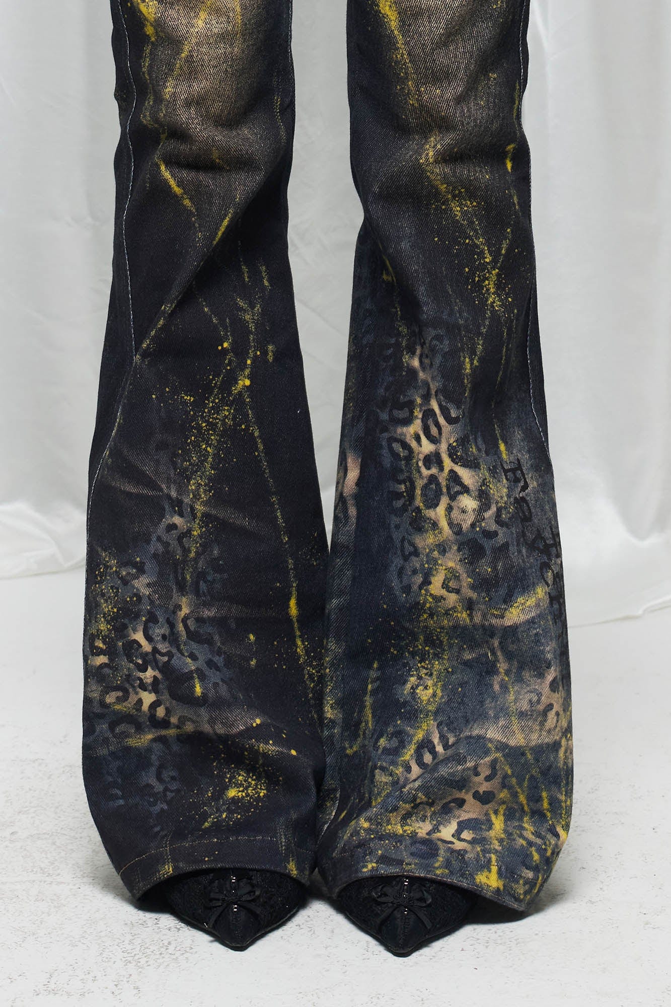 DND4DES×Faychui Distressed Leopard Splattered Flared Jeans, premium urban and streetwear designers apparel on PROJECTISR.com, DND4DES