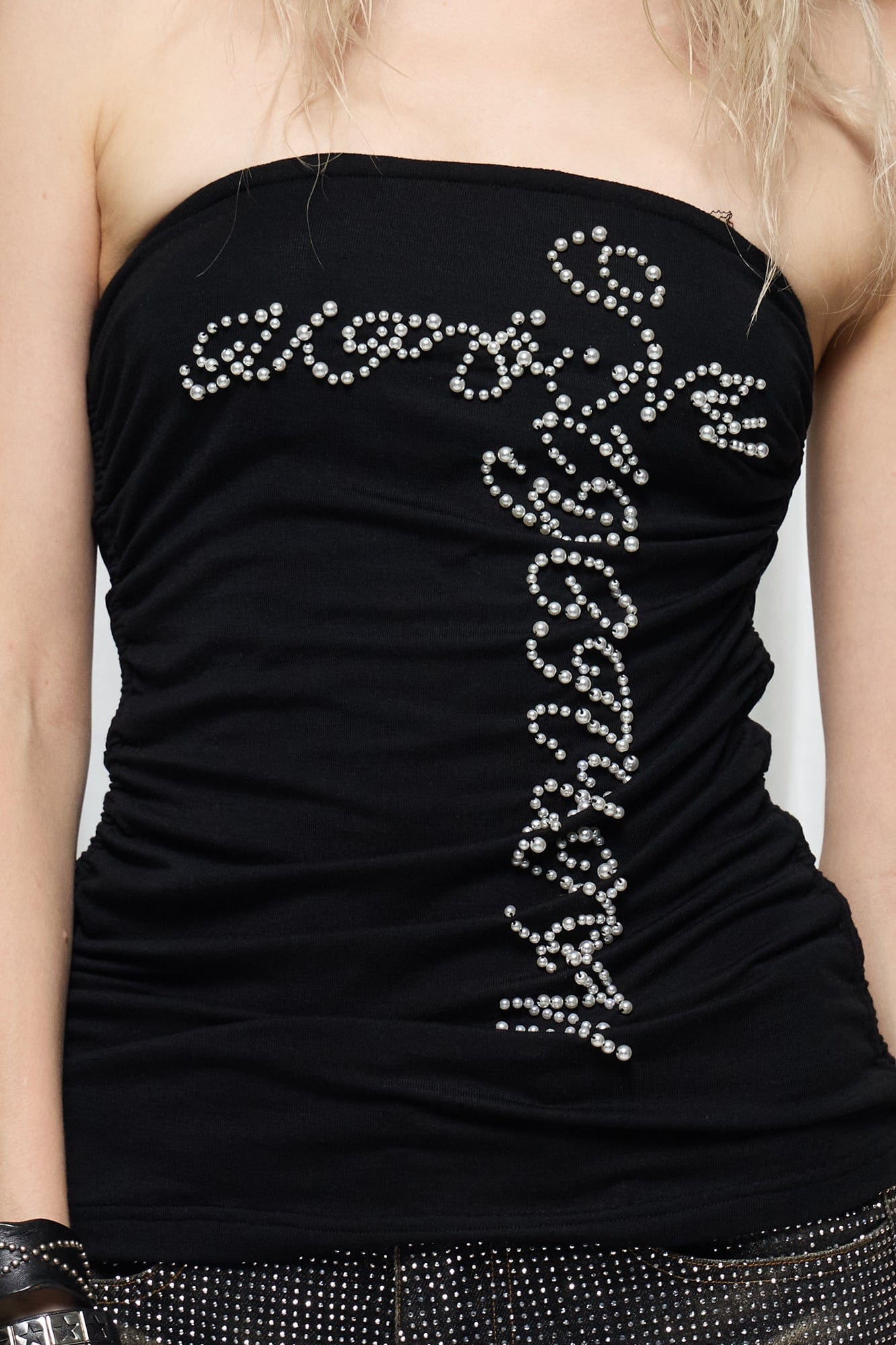 FAYCHUI Pearl-Studded Cross Ruched Tube Top