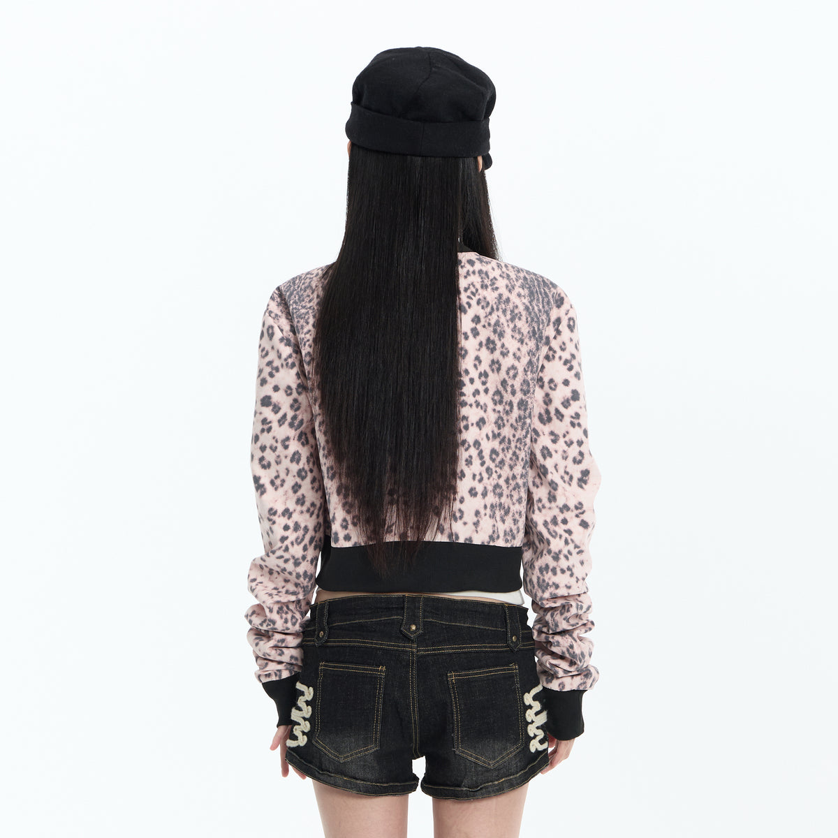 FAYCHUI Leopard Ribbed Contrast Cropped Jacket