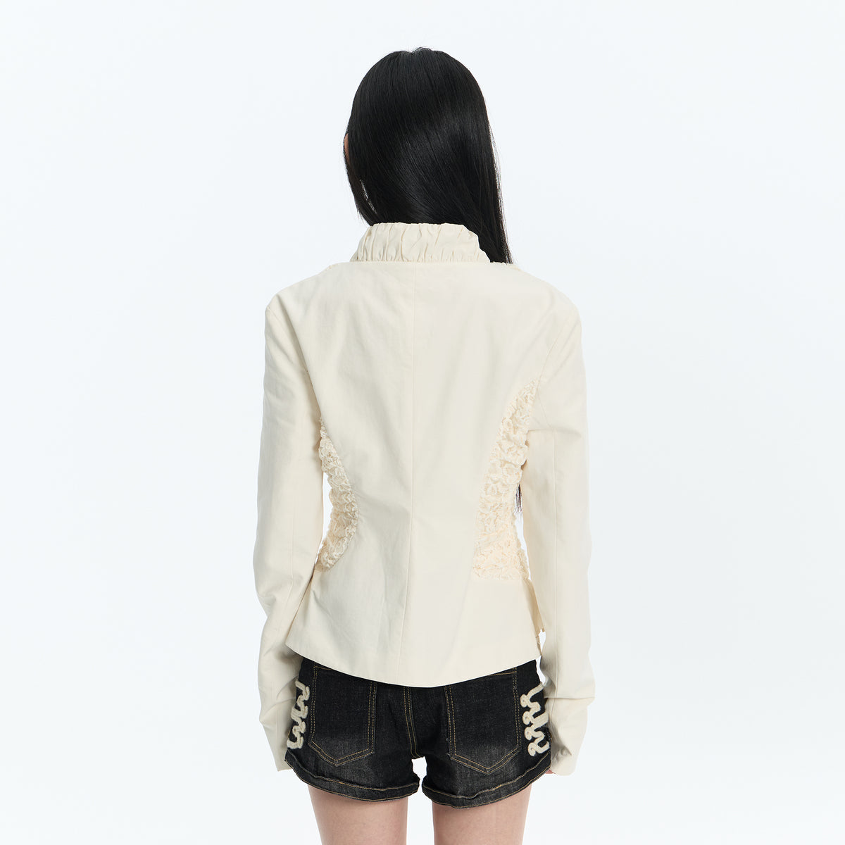 FAYCHUI Lace Spliced Crinkled Cinched-Waist V-Neck Jacket