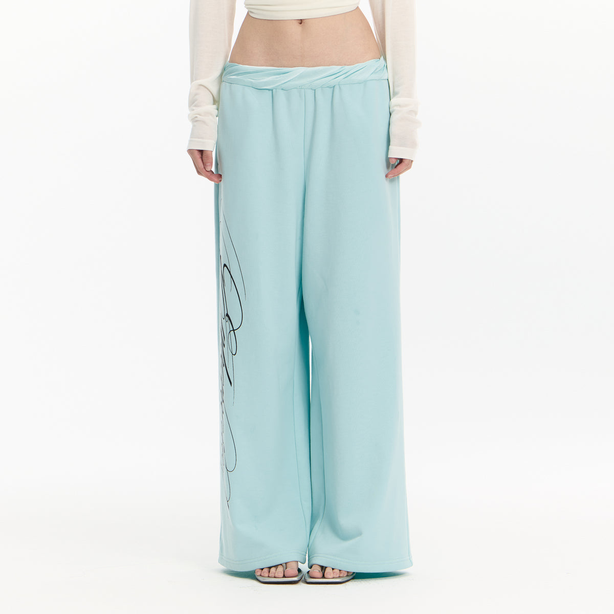 FAYCHUI Graphic Lace-Pocket Wide-Leg Sweatpants Mint Green