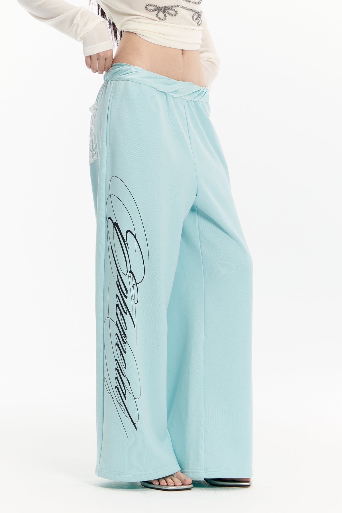 FAYCHUI Graphic Lace-Pocket Wide-Leg Sweatpants Mint Green