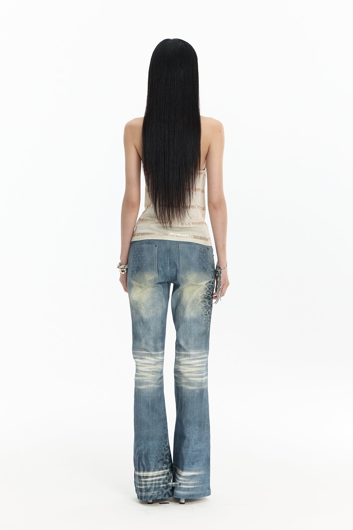 FAYCHUI Washed Leopard-Print Distressed Slim Flared Jeans