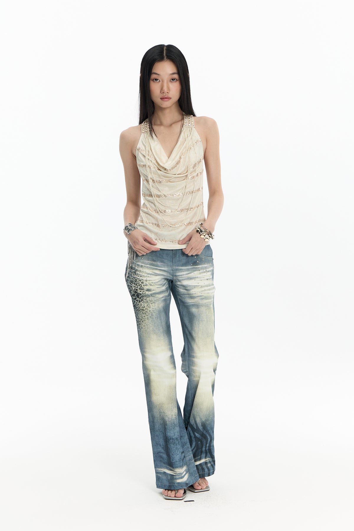 FAYCHUI Washed Leopard-Print Distressed Slim Flared Jeans
