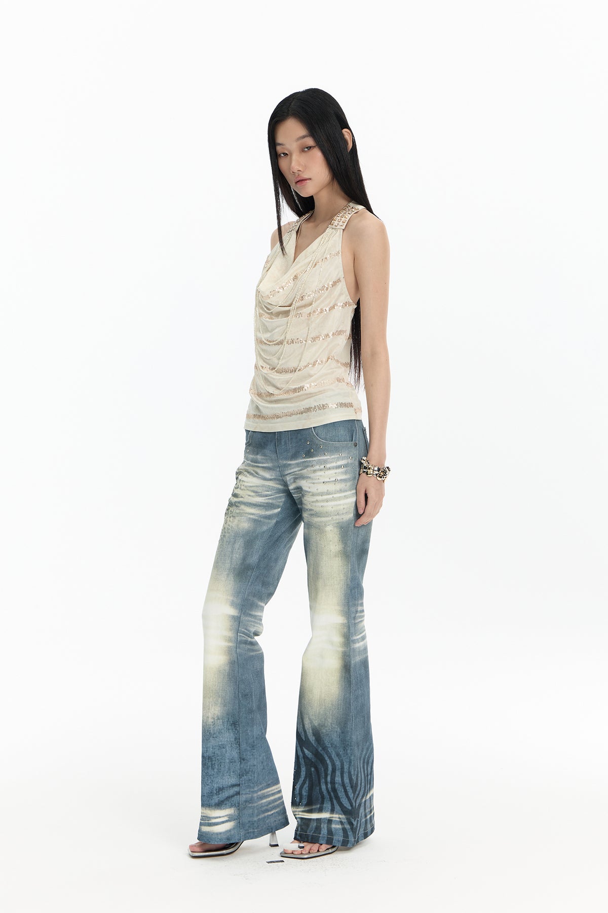 FAYCHUI Washed Leopard-Print Distressed Slim Flared Jeans