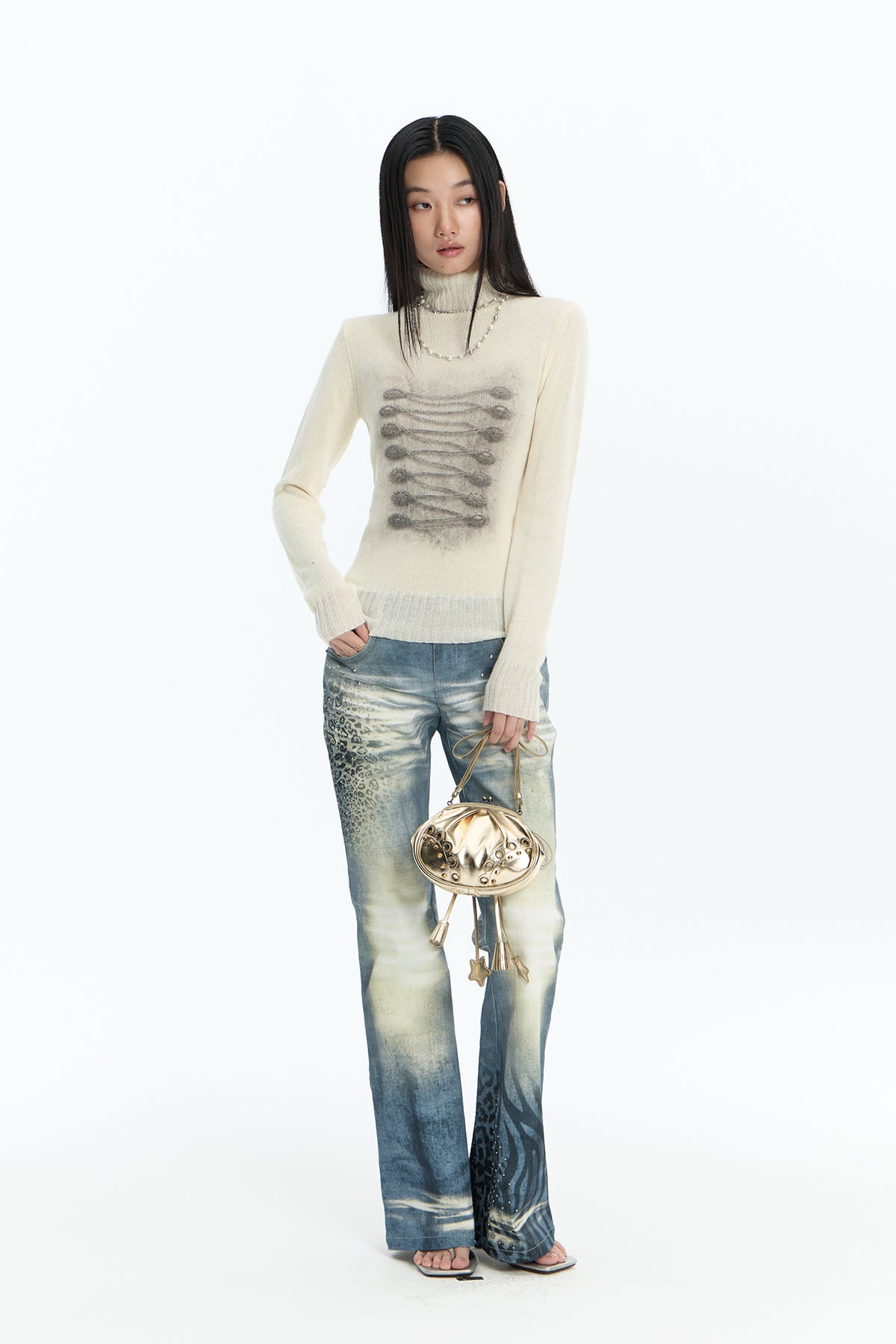 FAYCHUI Washed Leopard-Print Distressed Slim Flared Jeans