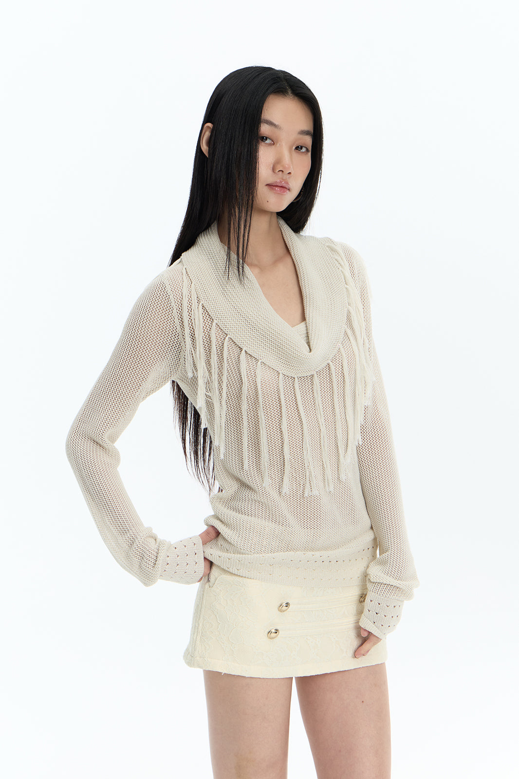 FAYCHUI Open-Knit Fringe Off-Shoulder Top