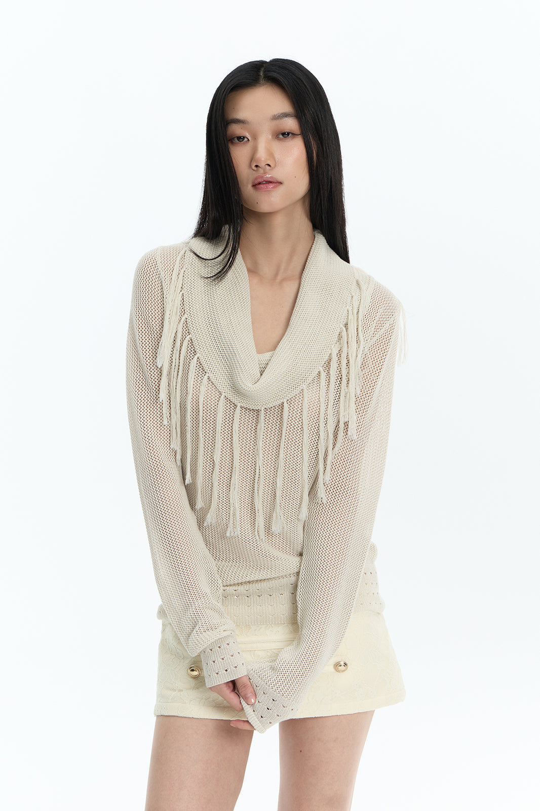 FAYCHUI Open-Knit Fringe Off-Shoulder Top