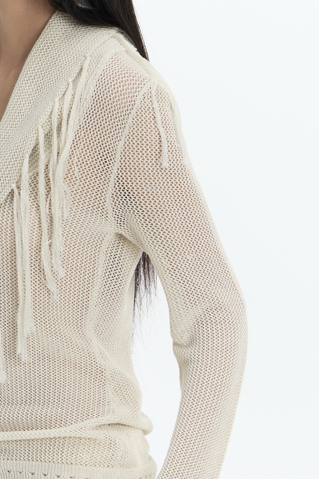 FAYCHUI Open-Knit Fringe Off-Shoulder Top