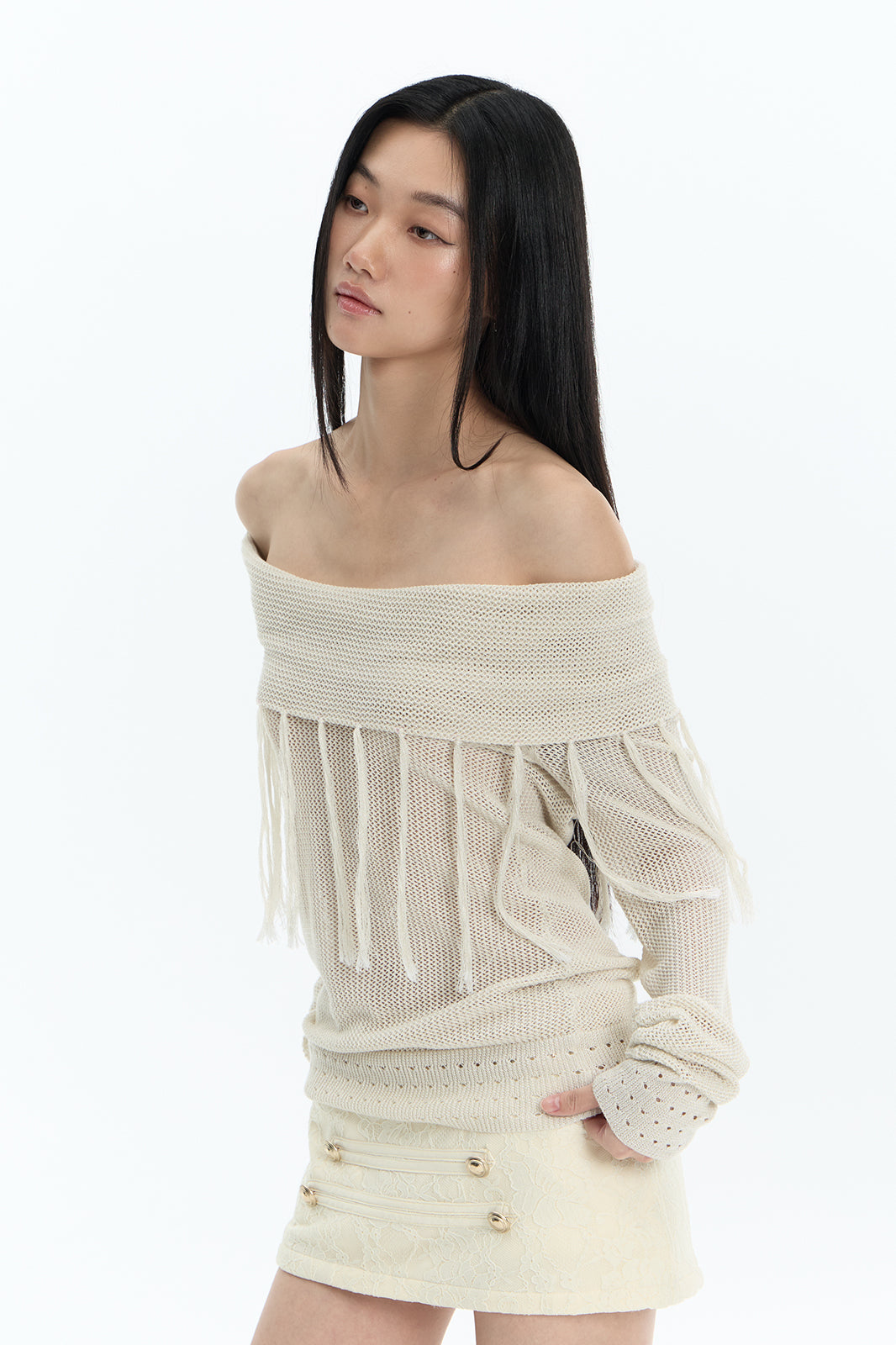 FAYCHUI Open-Knit Fringe Off-Shoulder Top