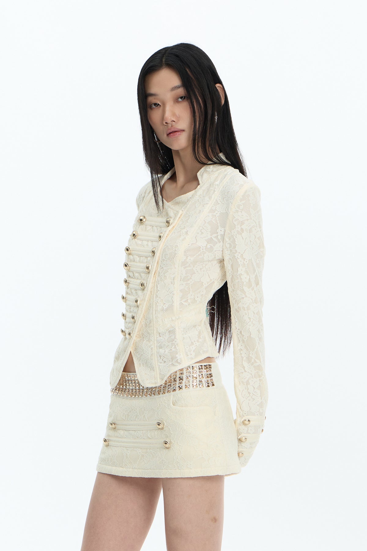 FAYCHUI Asymmetric Military Button Lace Jacket