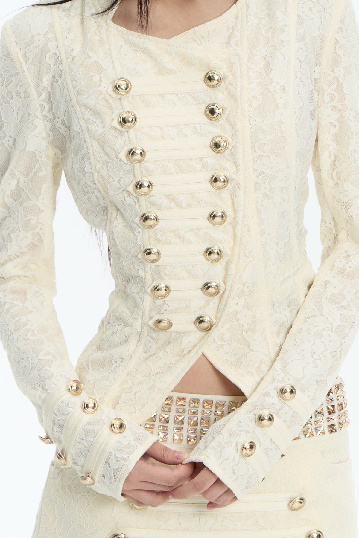 FAYCHUI Asymmetric Military Button Lace Jacket