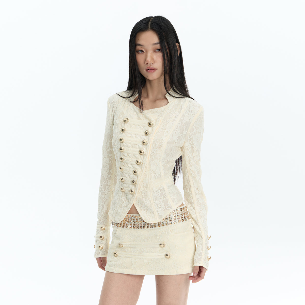 FAYCHUI Asymmetric Military Button Lace Jacket