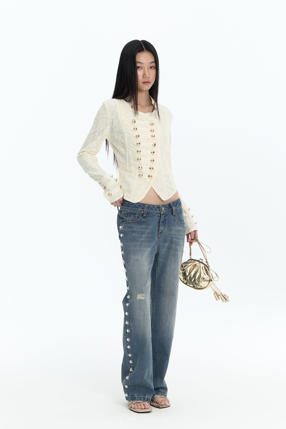 FAYCHUI Asymmetric Military Button Lace Jacket