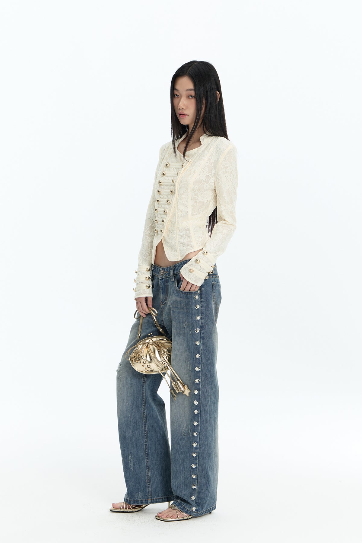 FAYCHUI Asymmetric Military Button Lace Jacket