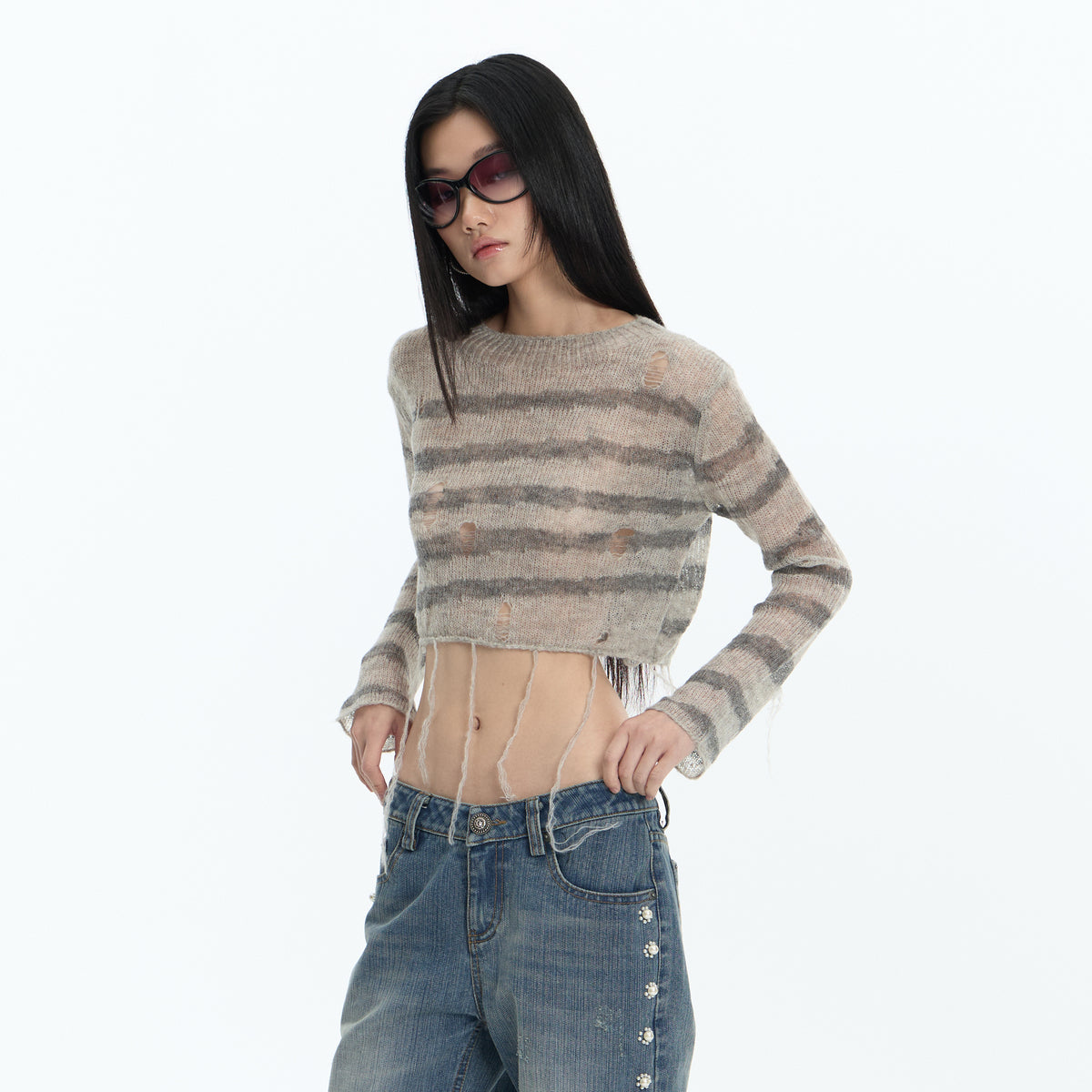 FAYCHUI Distressed Wool-Blend Cropped Knit Top