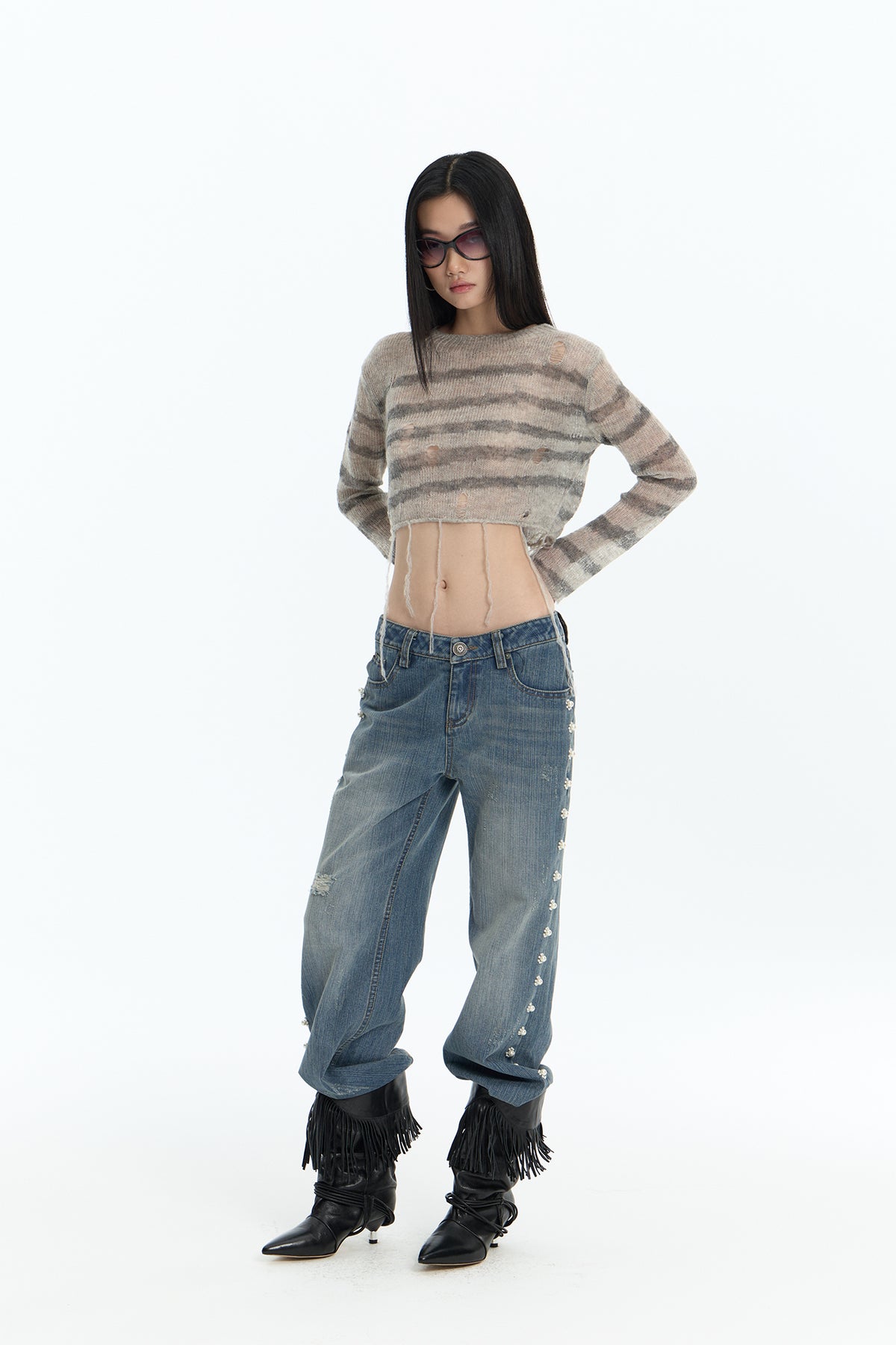 FAYCHUI Distressed Wool-Blend Cropped Knit Top