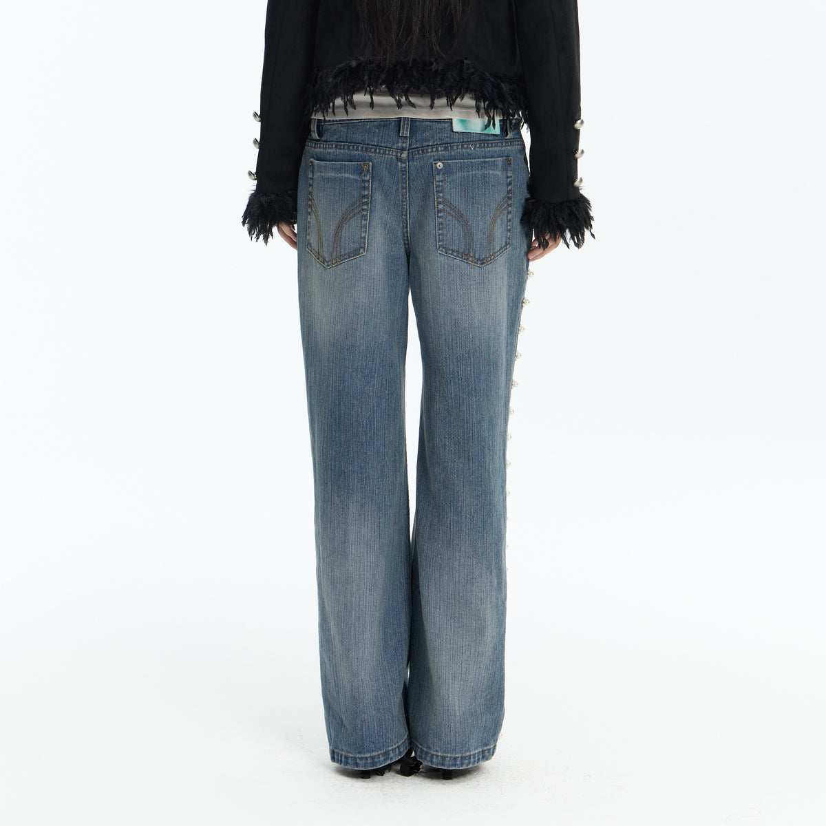 FAYCHUI Washed Floral Pearl Low-Rise Flared Jeans