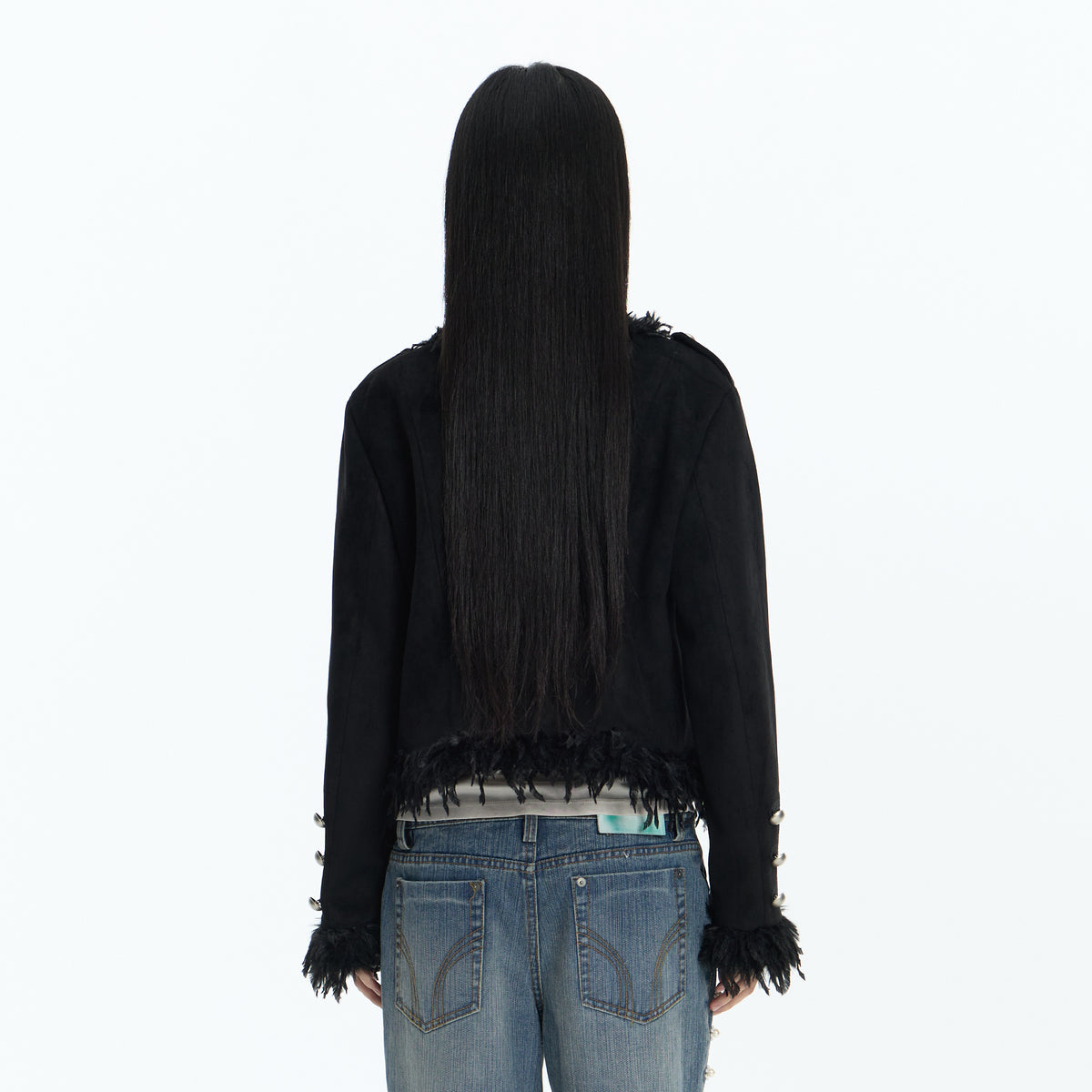 FAYCHUI Feather-Trim Button-Front Slim Napoleon Jacket