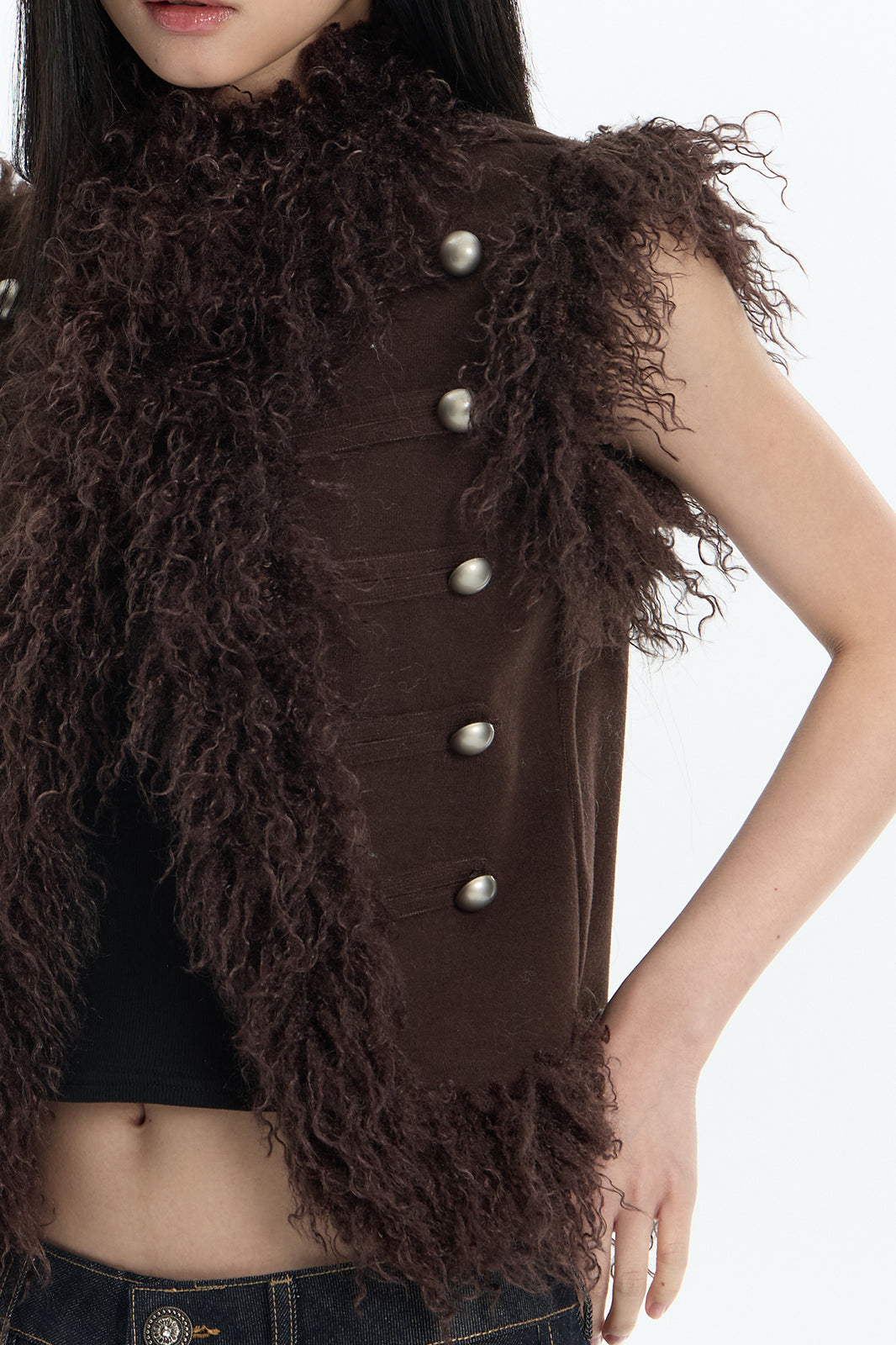 FAYCHUI Faux Fur Trim Button Vest