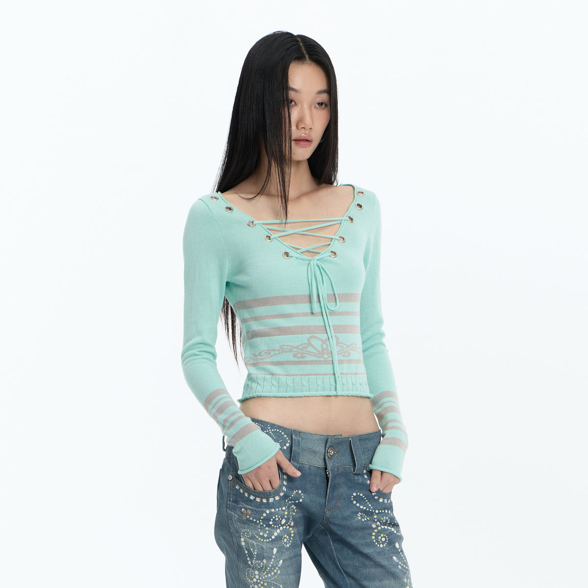 FAYCHUI Lace-Up Reversible Striped Knit Long-Sleeve-Tee