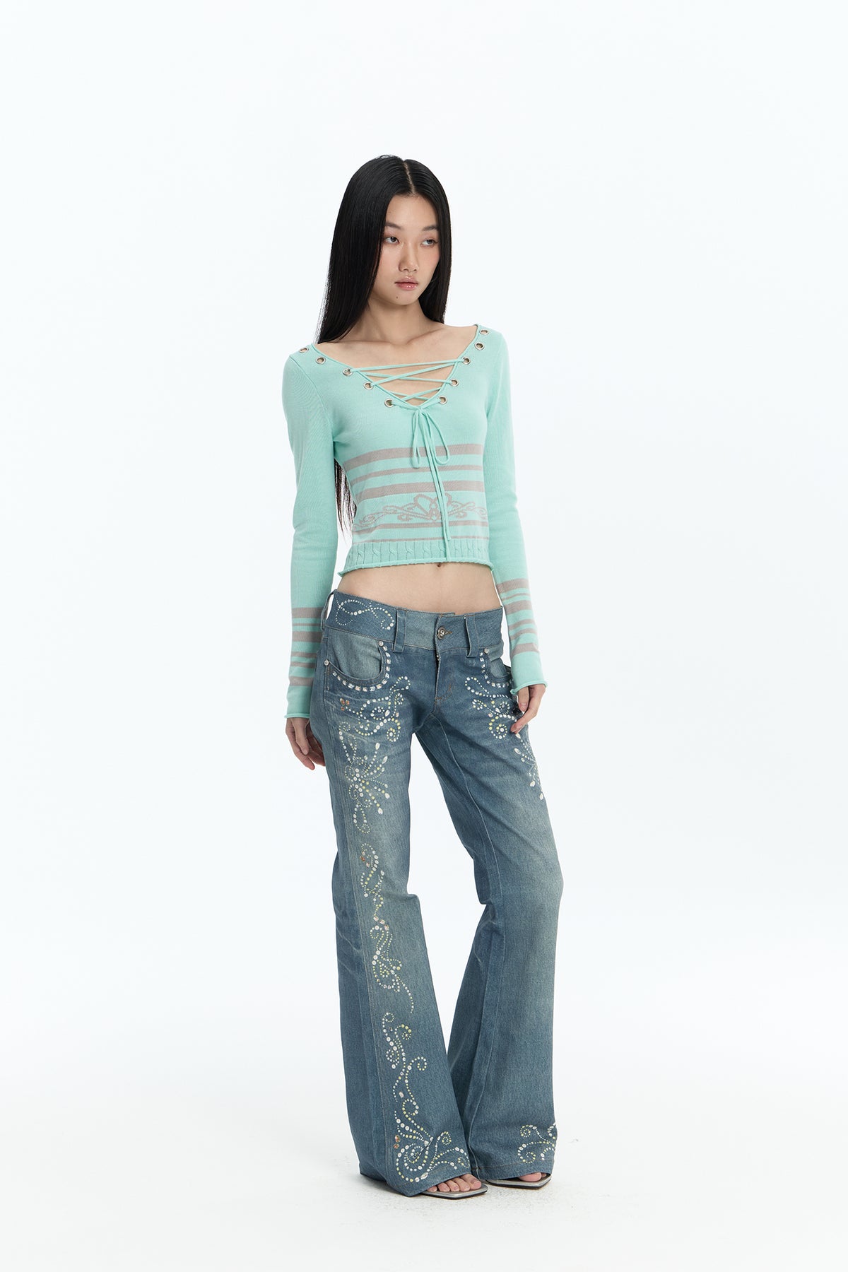 FAYCHUI Lace-Up Reversible Striped Knit Long-Sleeve-Tee