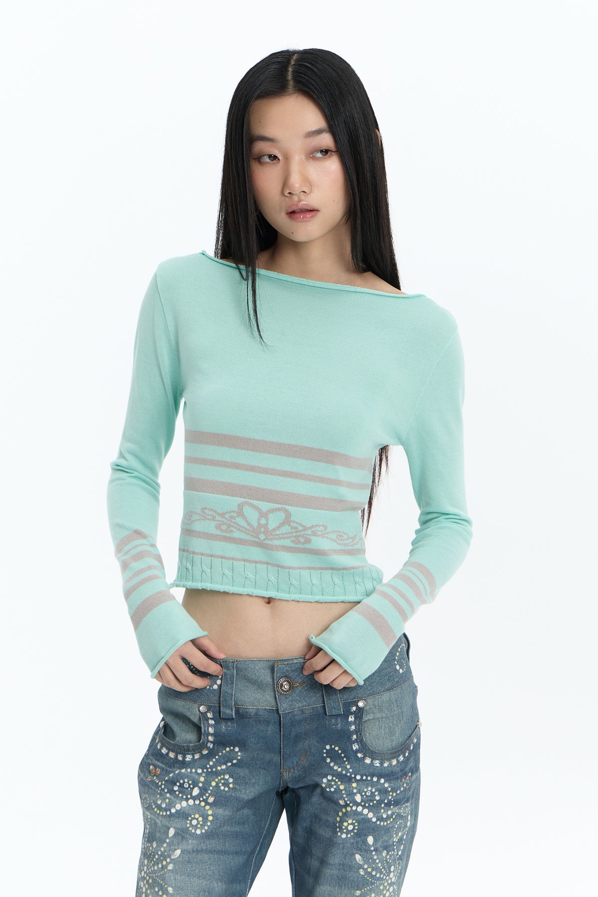 FAYCHUI Lace-Up Reversible Striped Knit Long-Sleeve-Tee