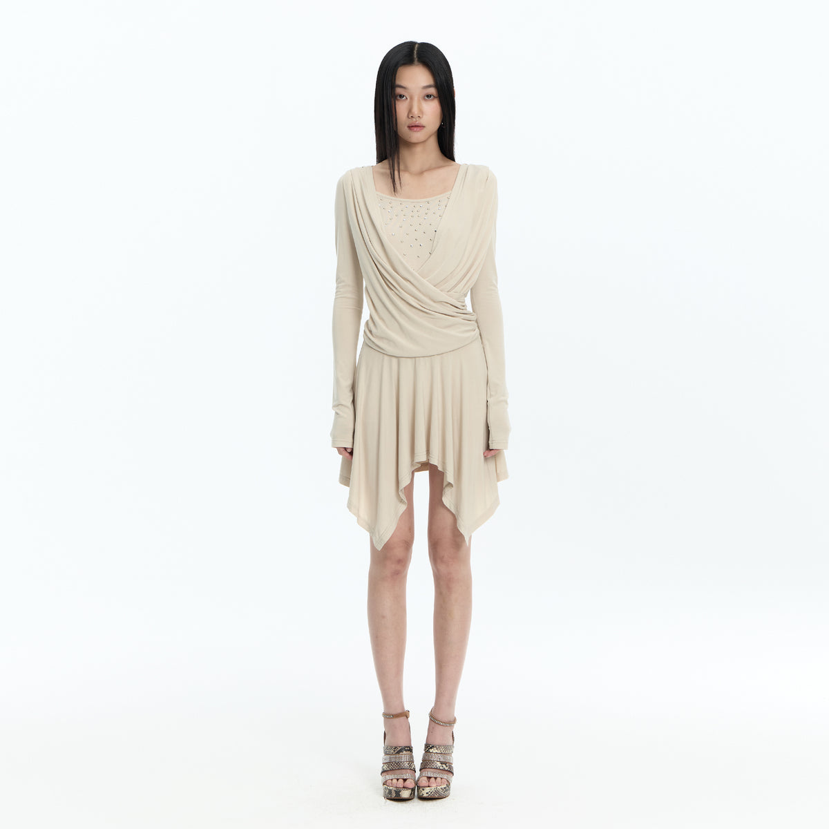 FAYCHUI Studded Crossover Long-Sleeve Dress