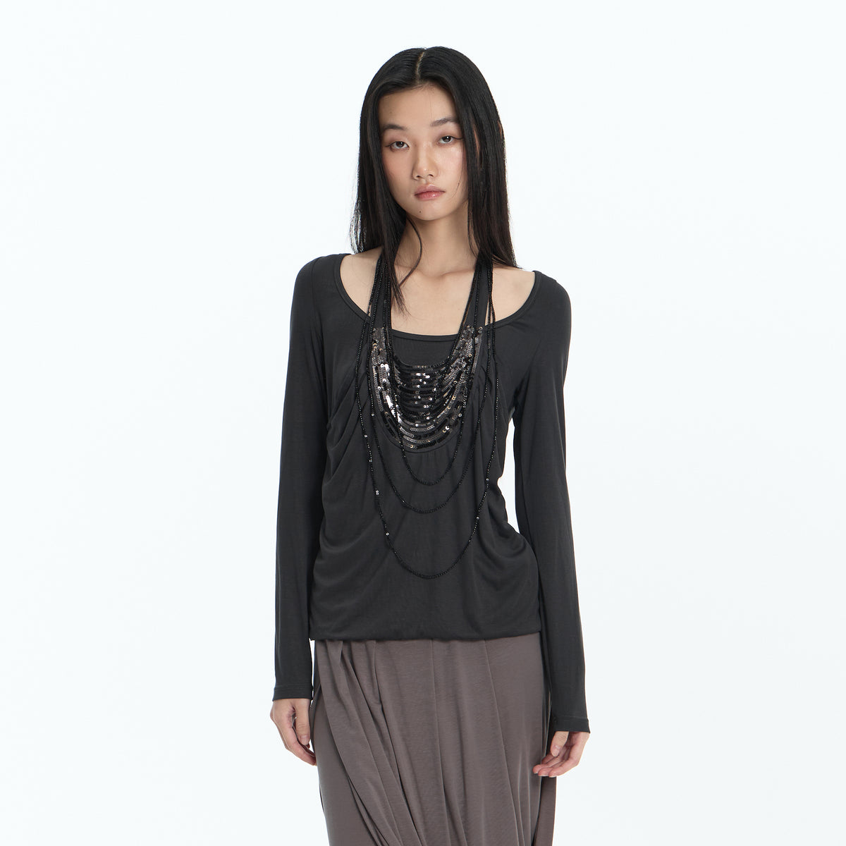 FAYCHUI Beaded Layered Long-Sleeve Tee